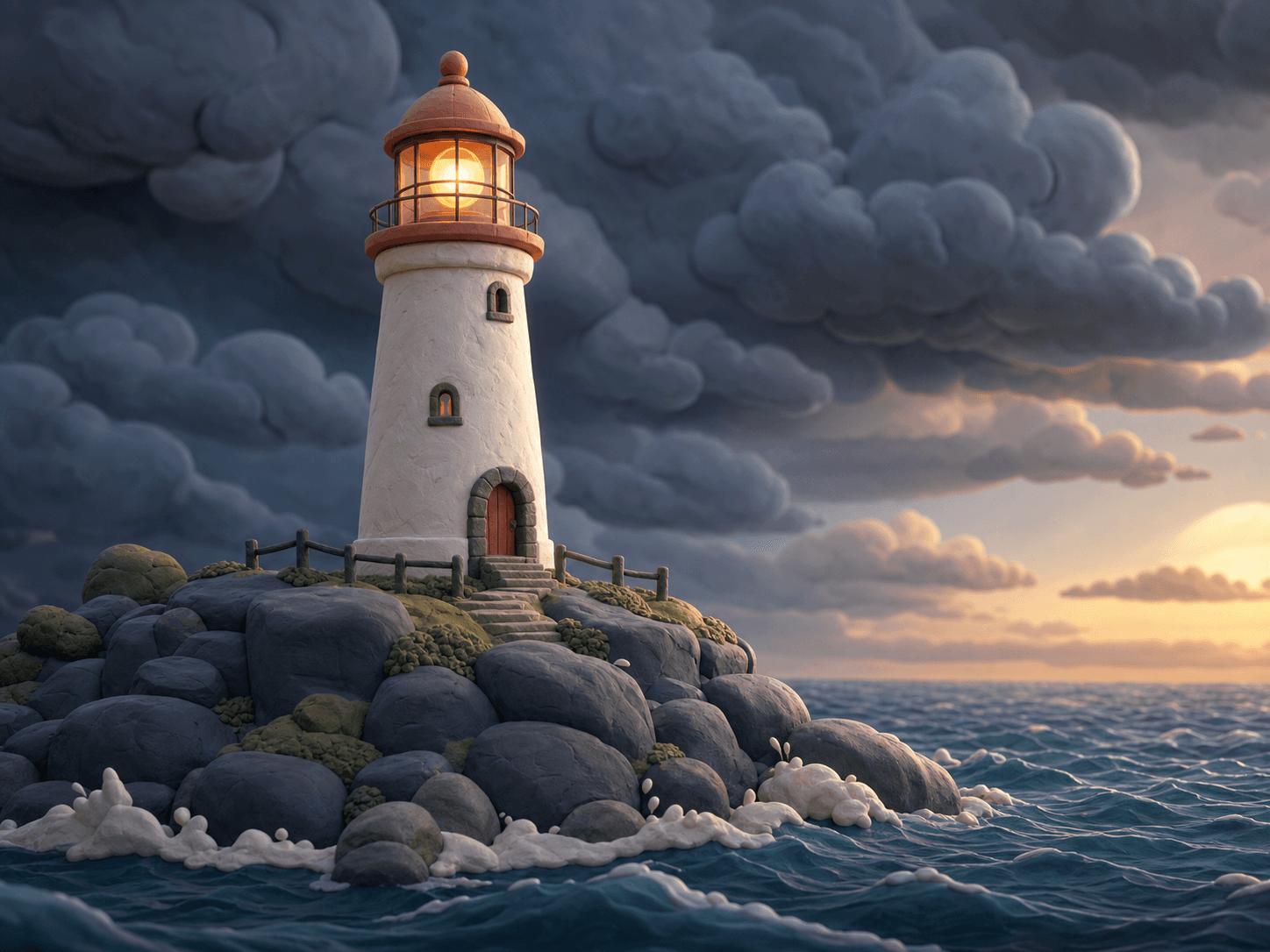 A coastal lighthouse rendered in a soft 3D clay render style