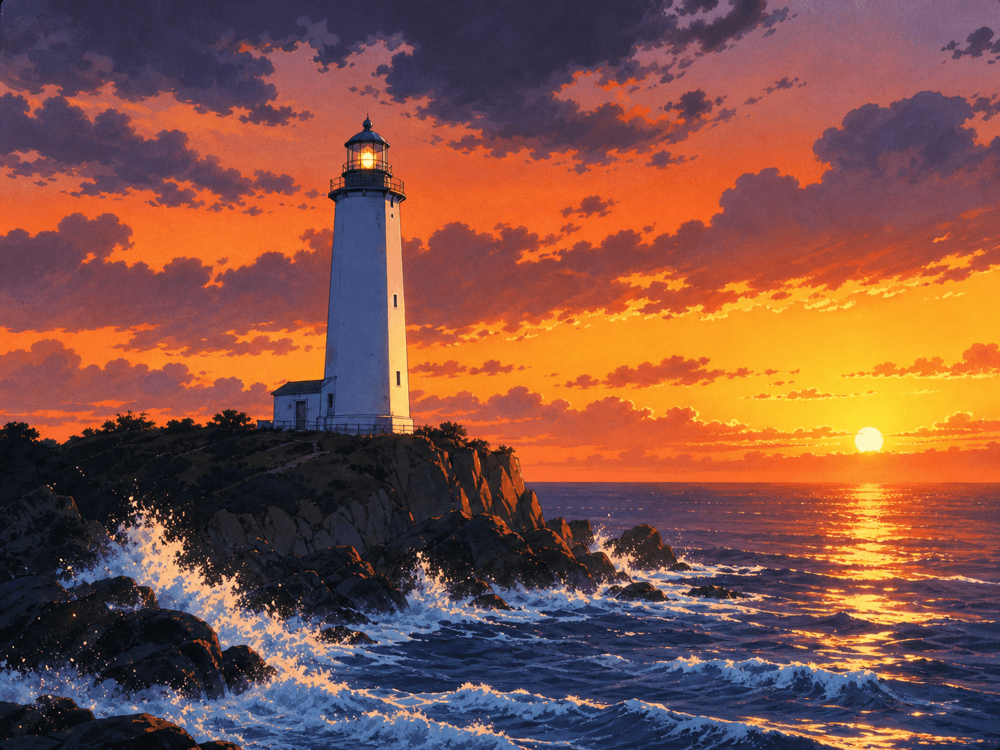 A coastal lighthouse rendered in retro anime style