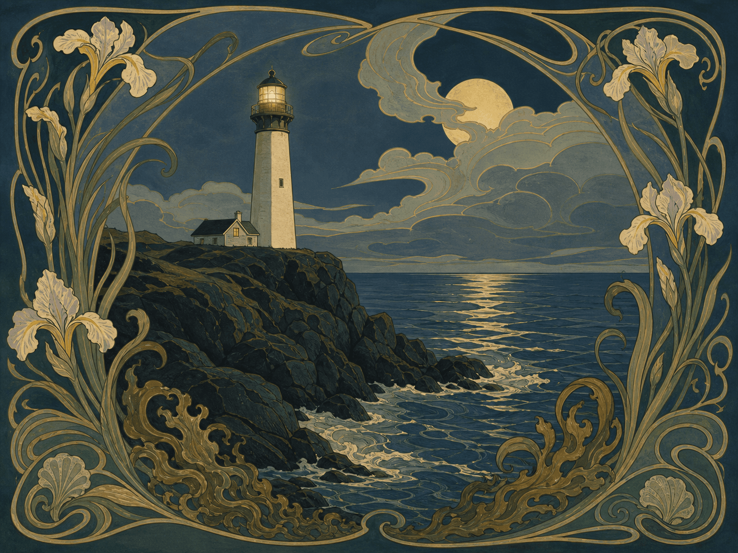 A coastal lighthouse rendered in art nouveau style