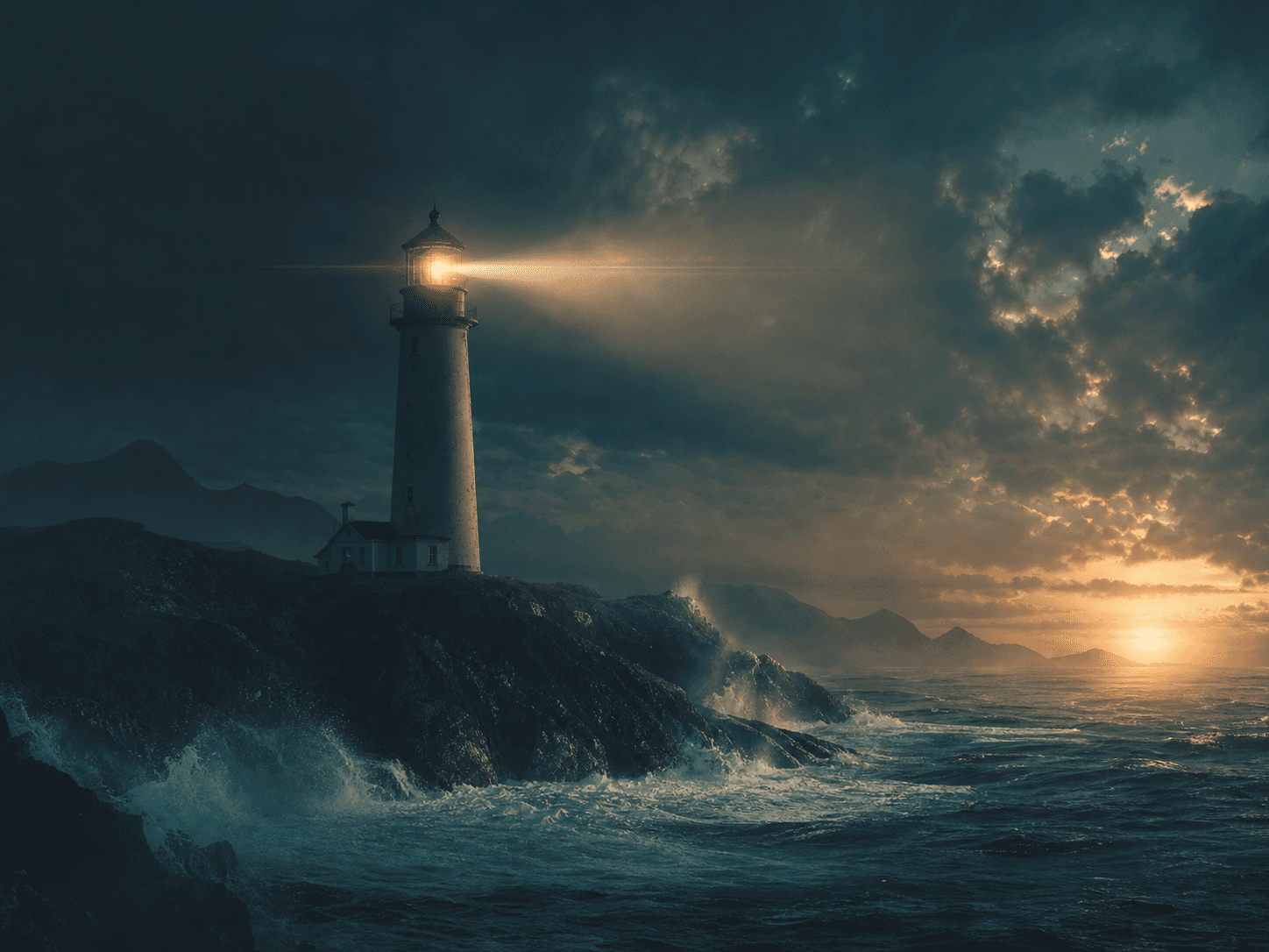 A coastal lighthouse rendered in a cinematic film still style