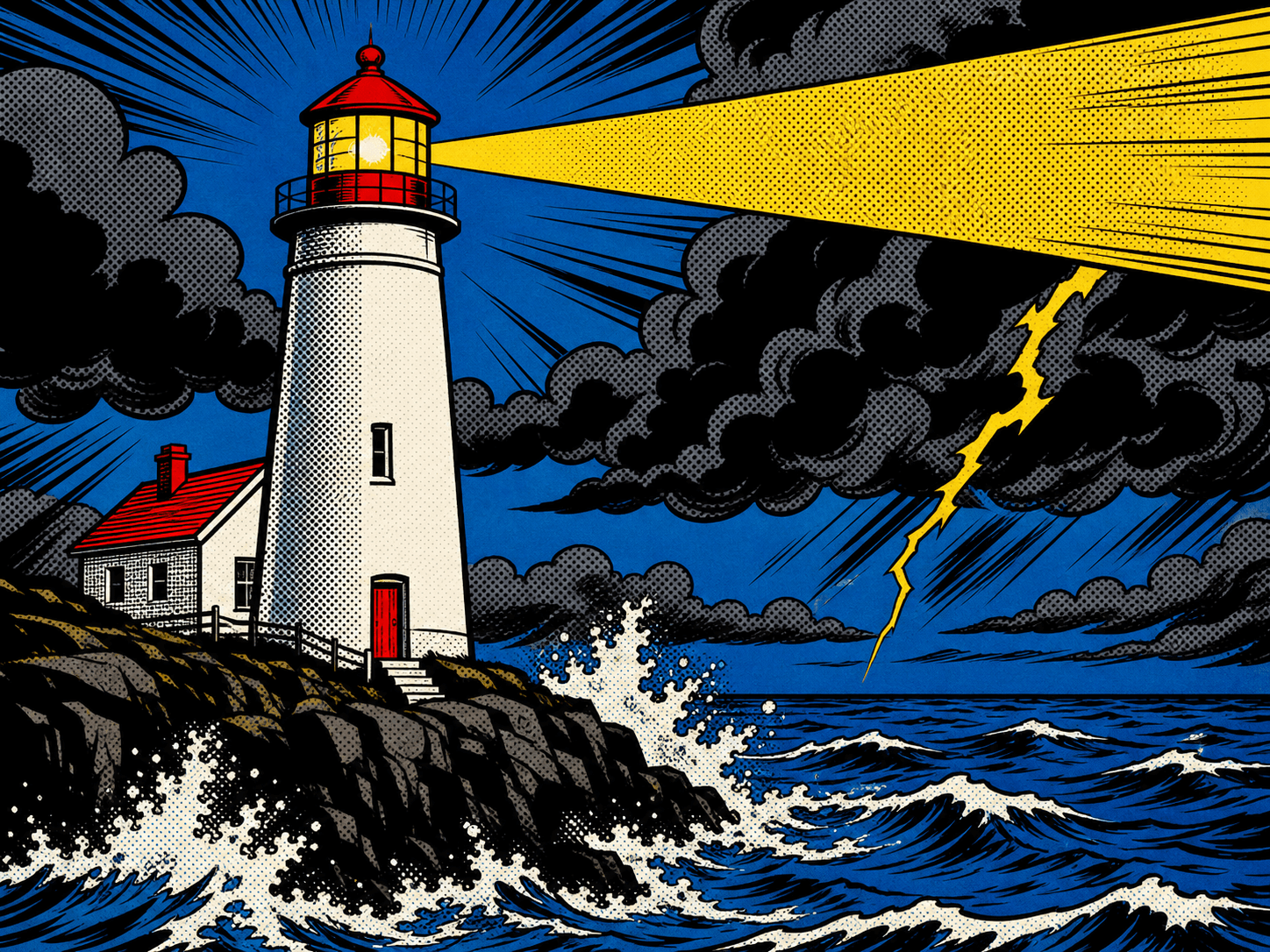 A coastal lighthouse rendered in comic-book pop art style