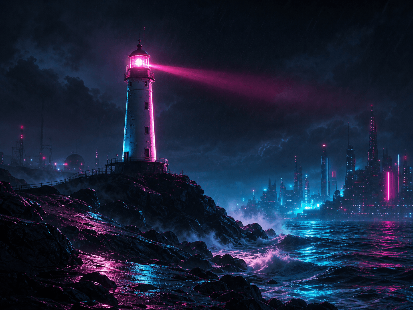 A coastal lighthouse rendered in cyberpunk neon noir style