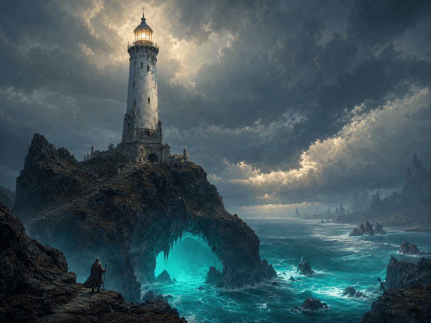 A coastal lighthouse rendered in fantasy concept art style