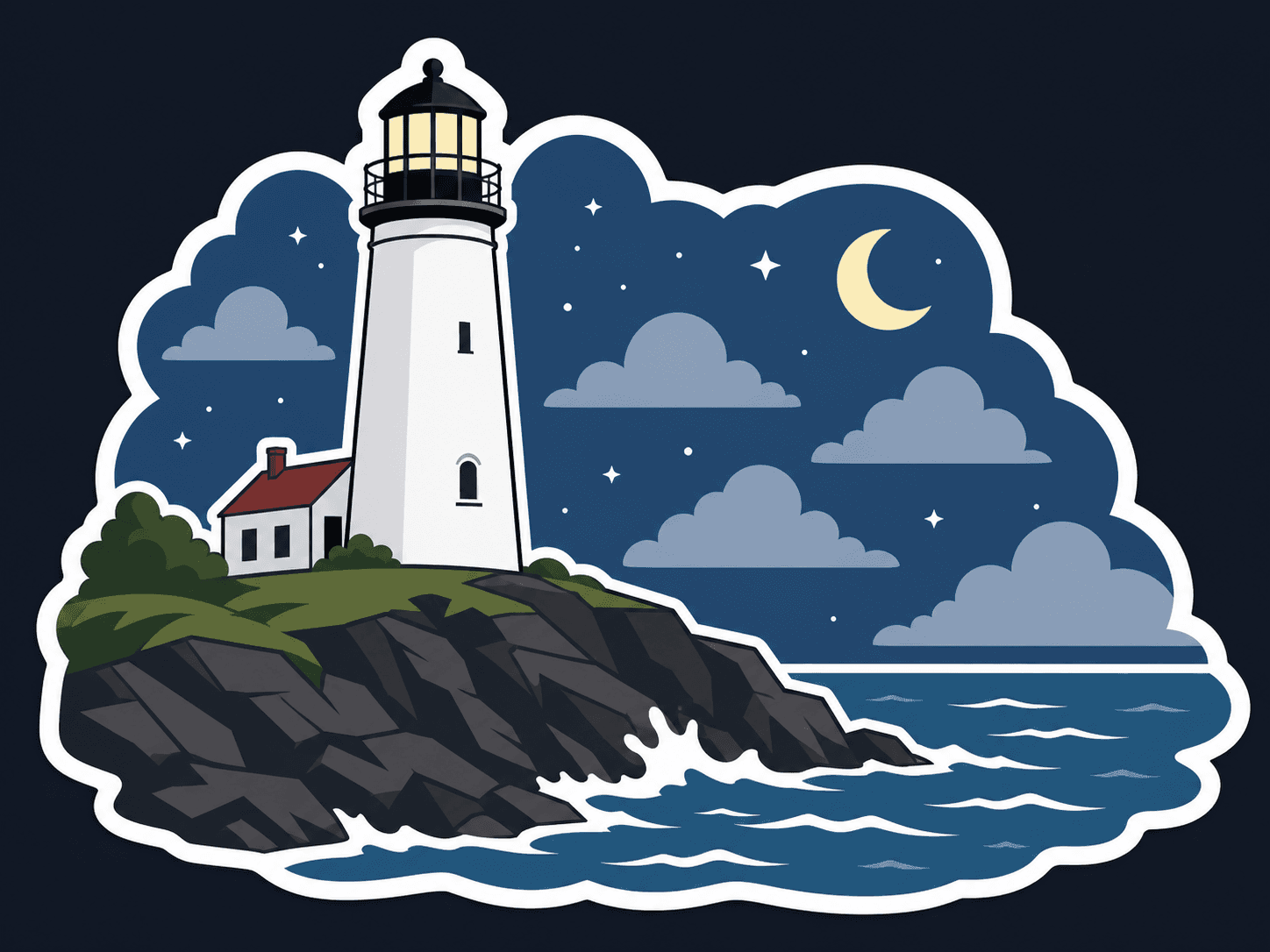 A coastal lighthouse rendered in a flat vector sticker style