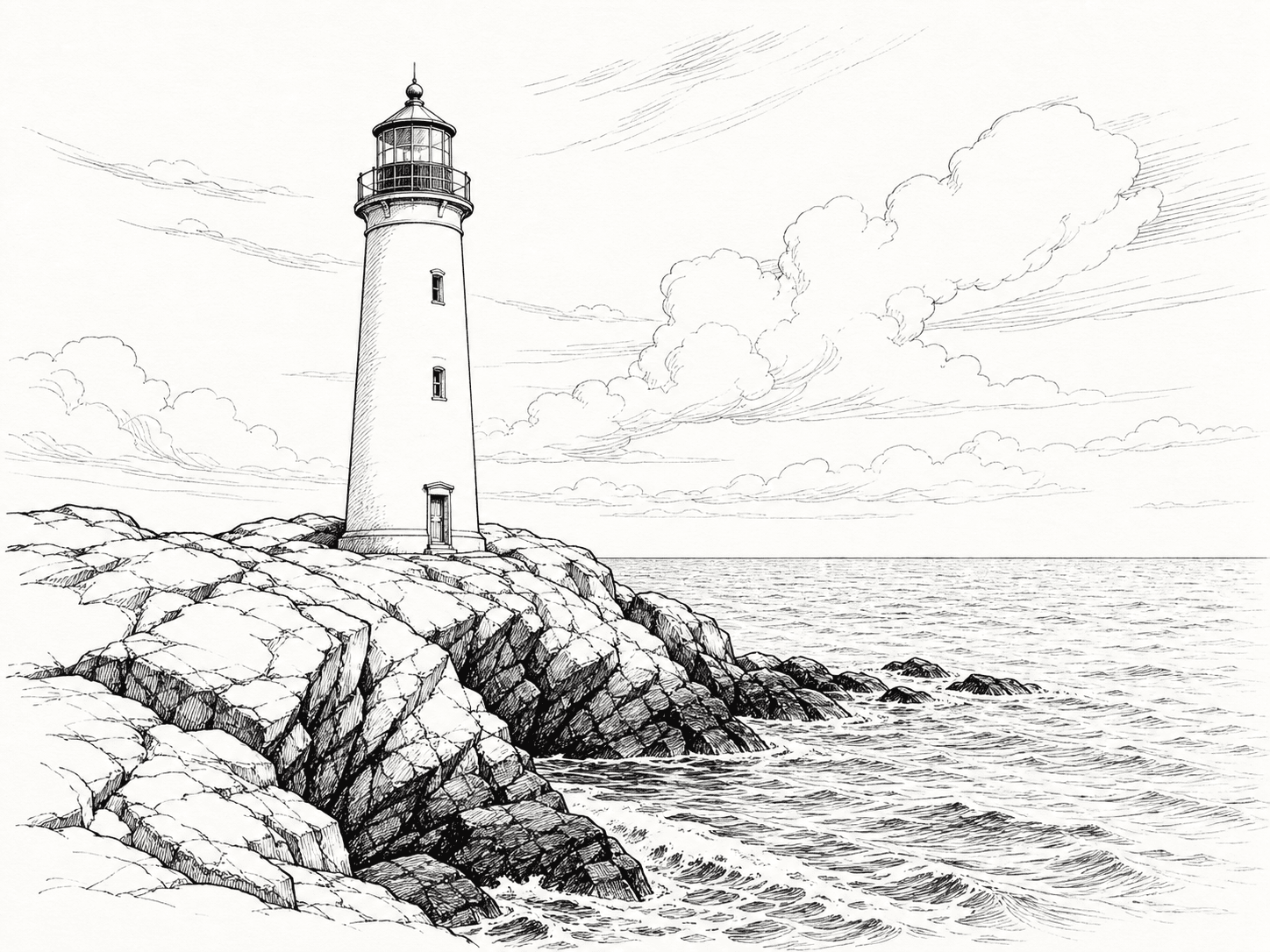 A coastal lighthouse rendered in ink line art style