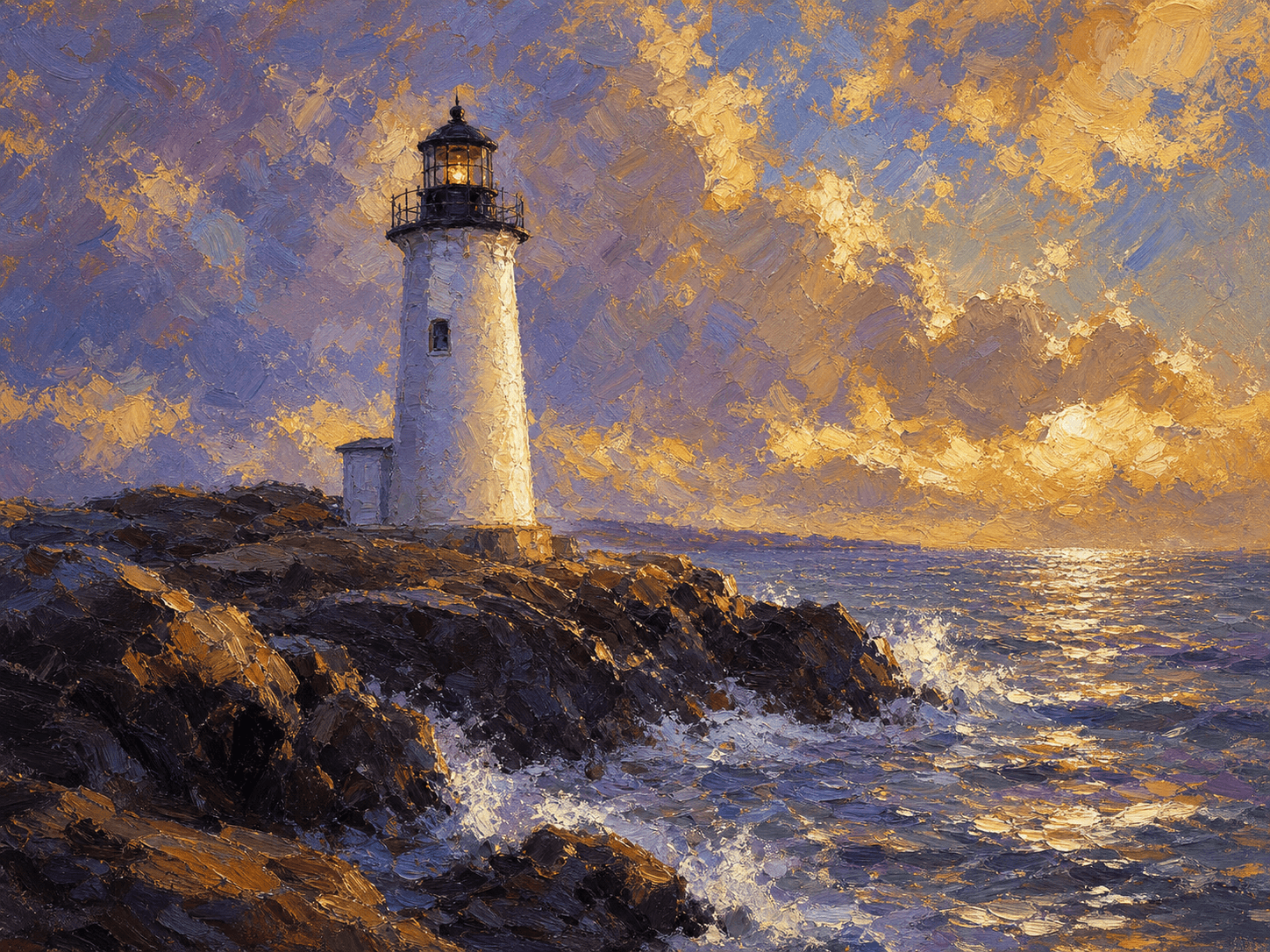 A coastal lighthouse rendered in an impressionist oil painting style