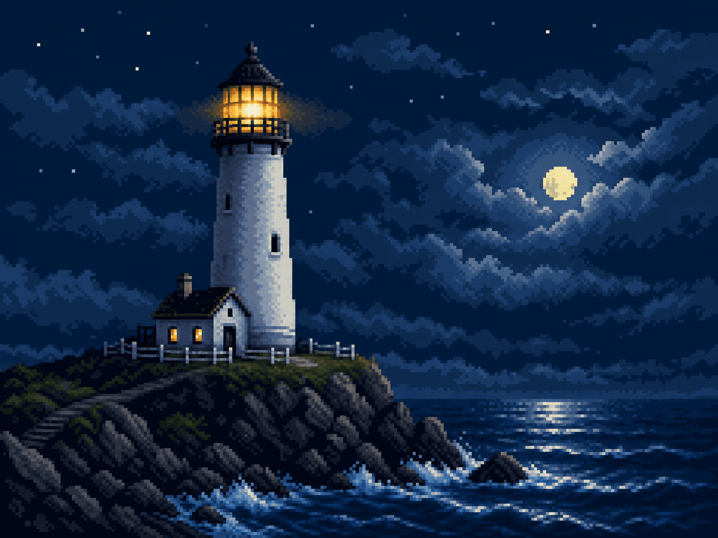 A coastal lighthouse rendered in 16-bit pixel art style