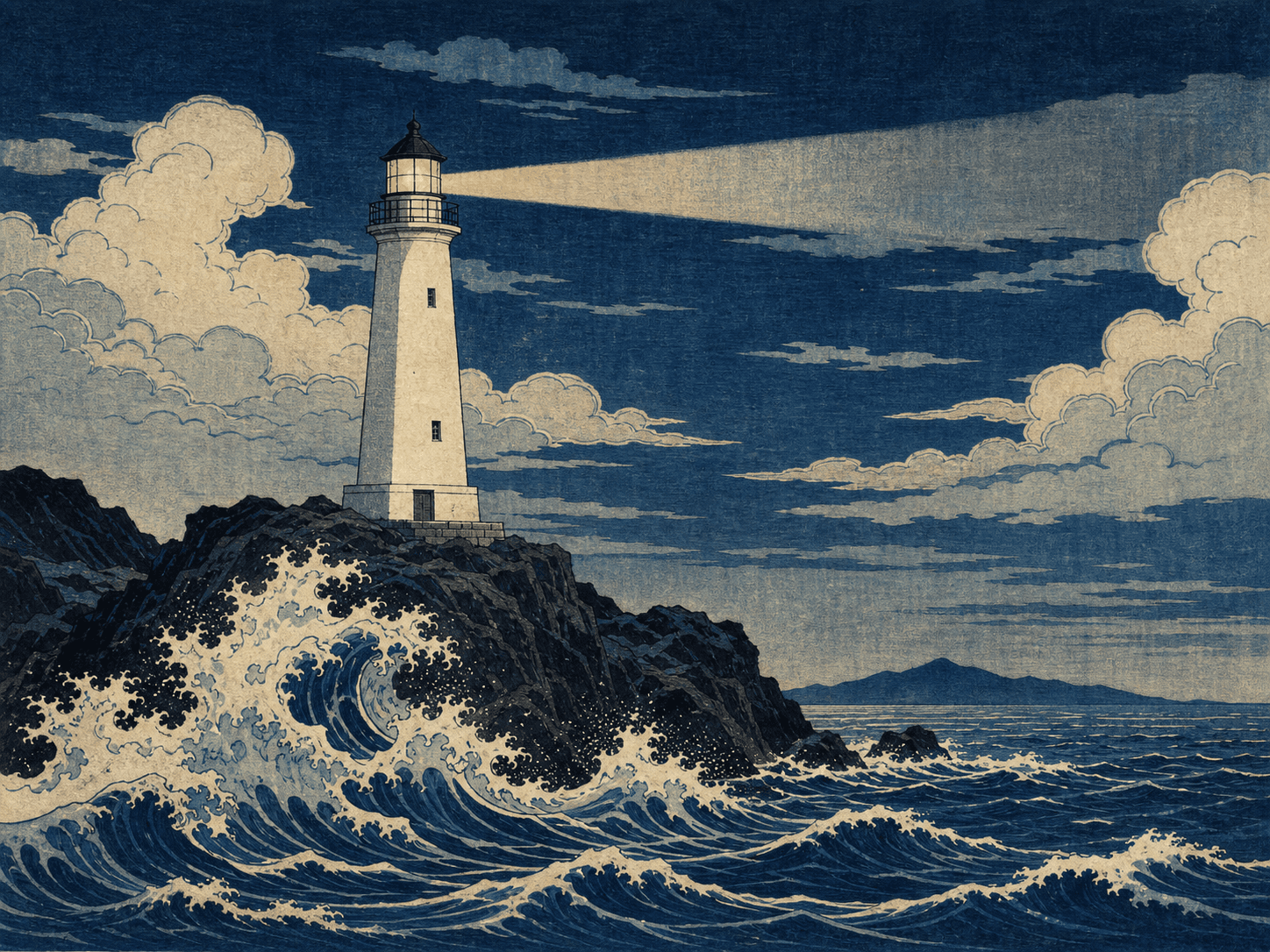 A coastal lighthouse rendered in ukiyo-e woodblock print style