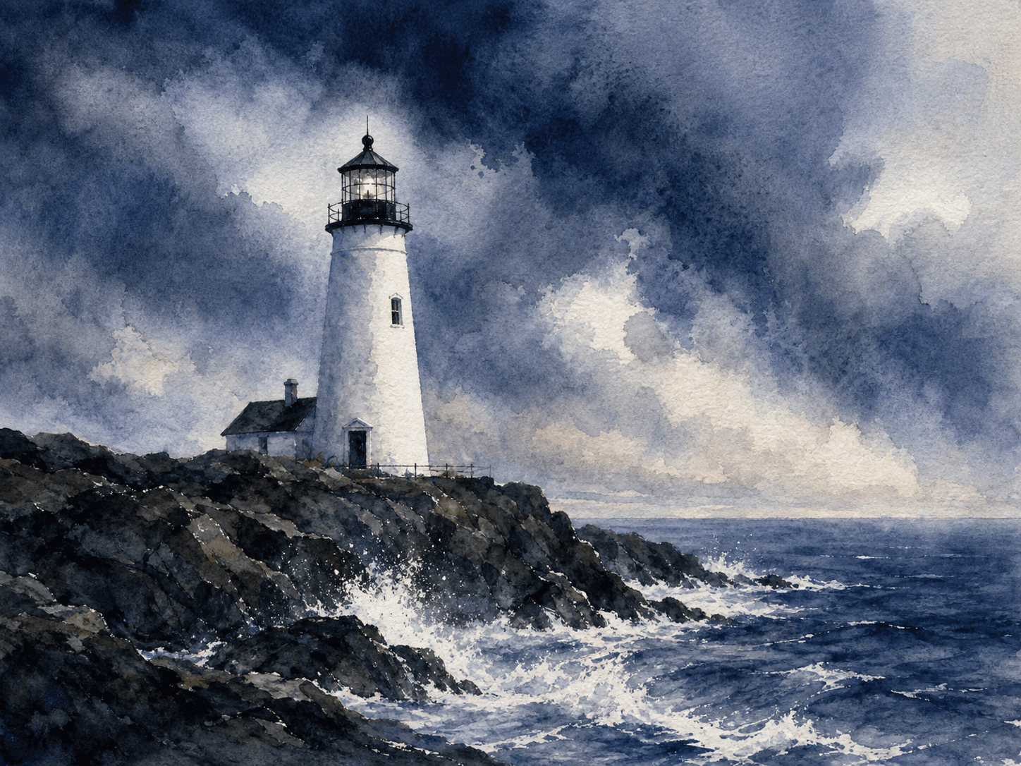 A coastal lighthouse rendered in watercolor style