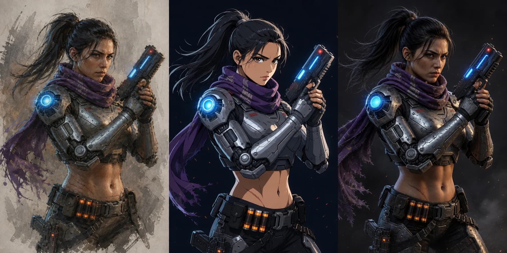 Nyra rendered as a painterly sketch, anime key art, and hard-surface science-fiction concept art