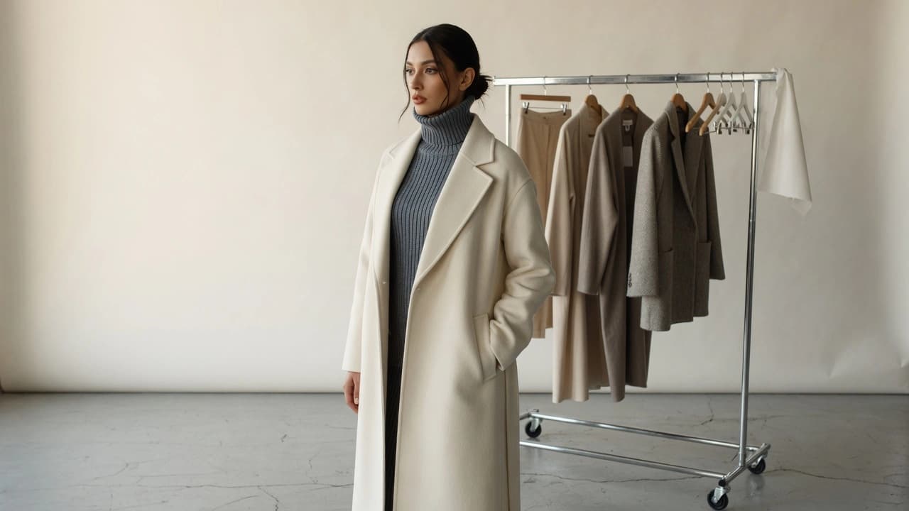 An AI-generated fashion model in a long cream wool coat over a grey ribbed turtleneck, standing on a pale seamless backdrop in a concrete-floored studio, looking off camera, with a chrome garment rail of neutral coats and trousers beside her.