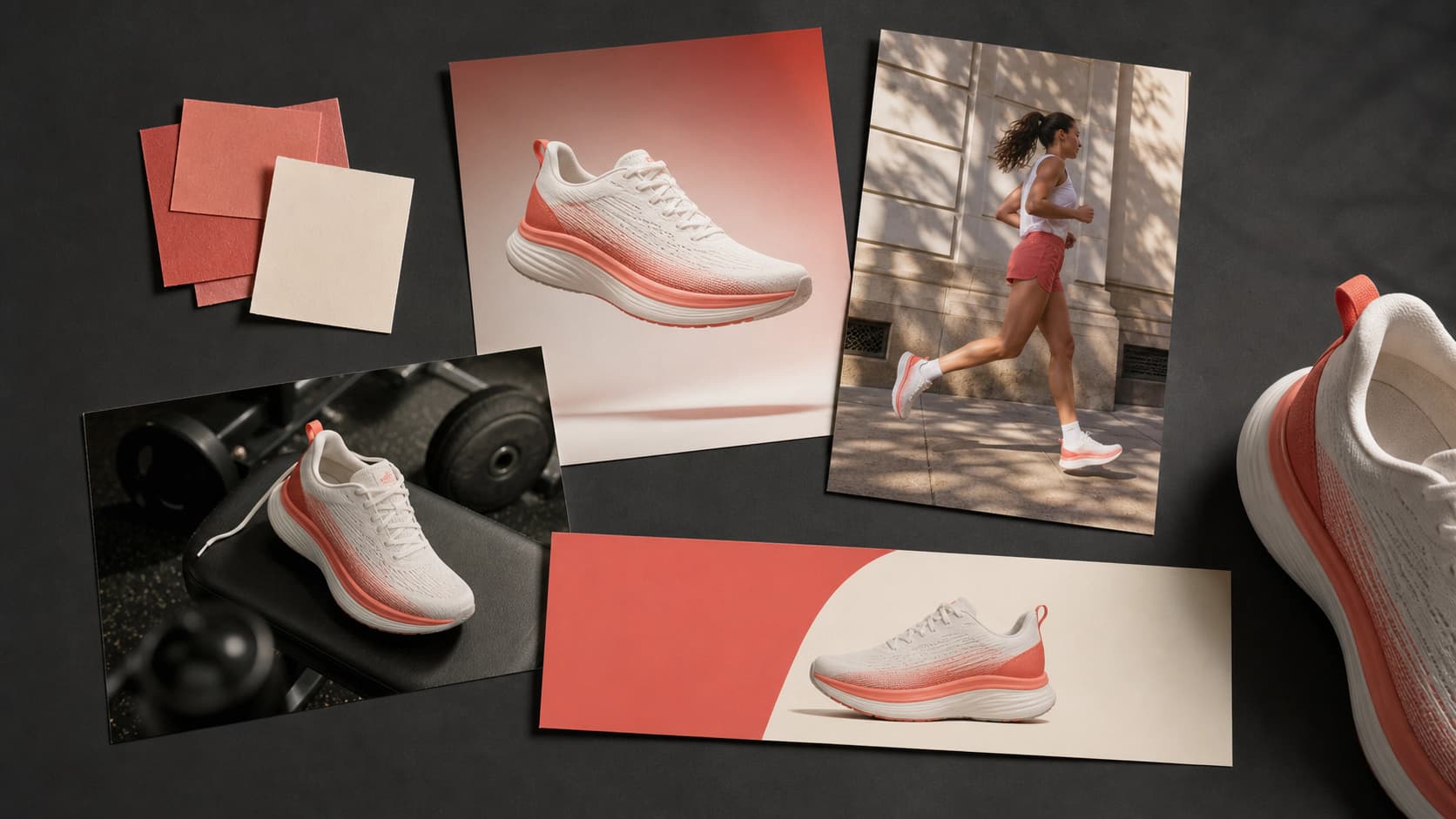 A wall of paid-social ad creatives for one running-shoe campaign, the same shoe shown in a studio hero shot, a sunlit street scene, a handheld phone-style photo, and a bold graphic panel, arranged in square, vertical, and banner sizes.