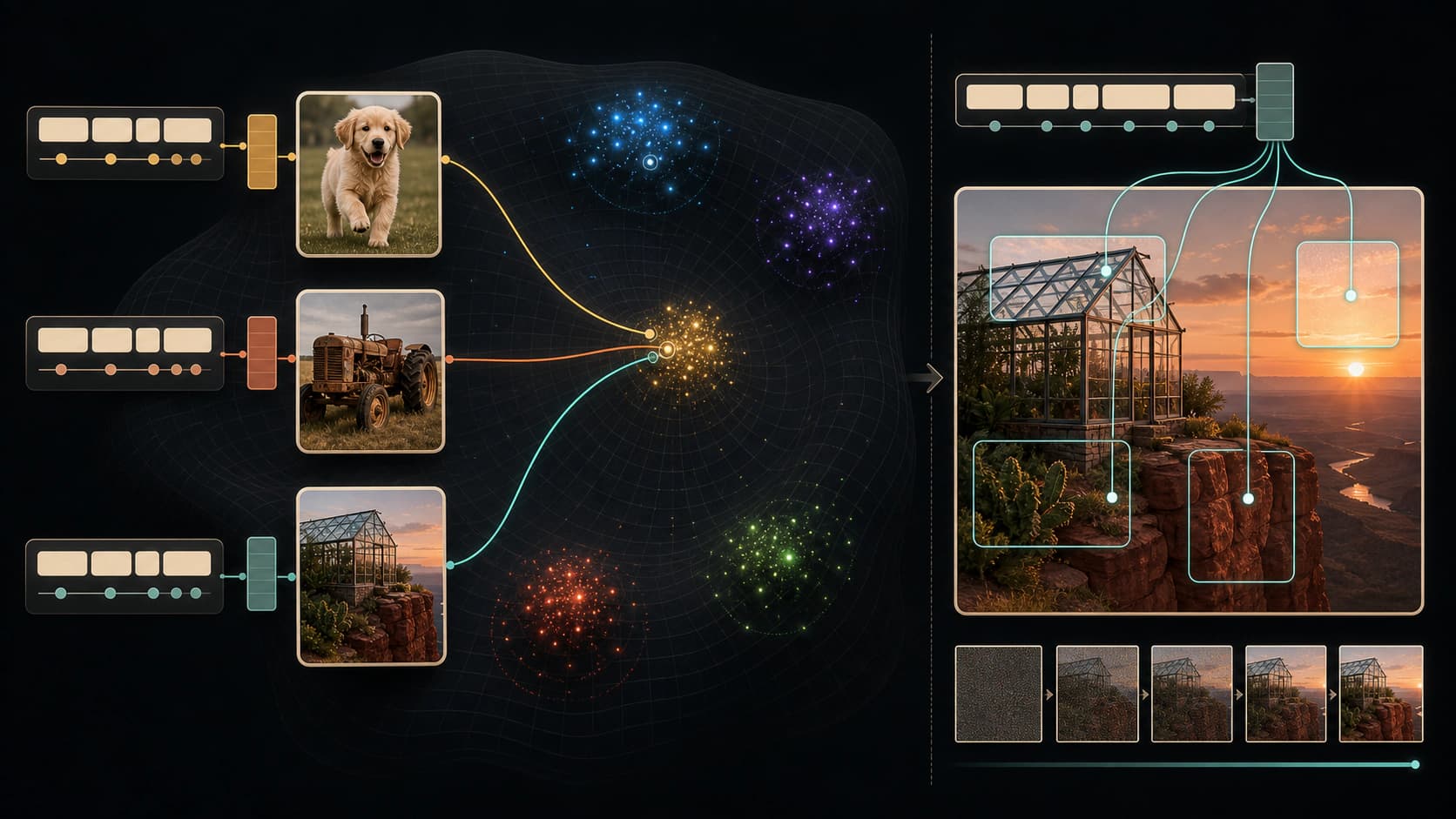 Matching prompts and images converge in a shared meaning space before attention connections guide greenhouse, cliff, plants, and sunrise regions