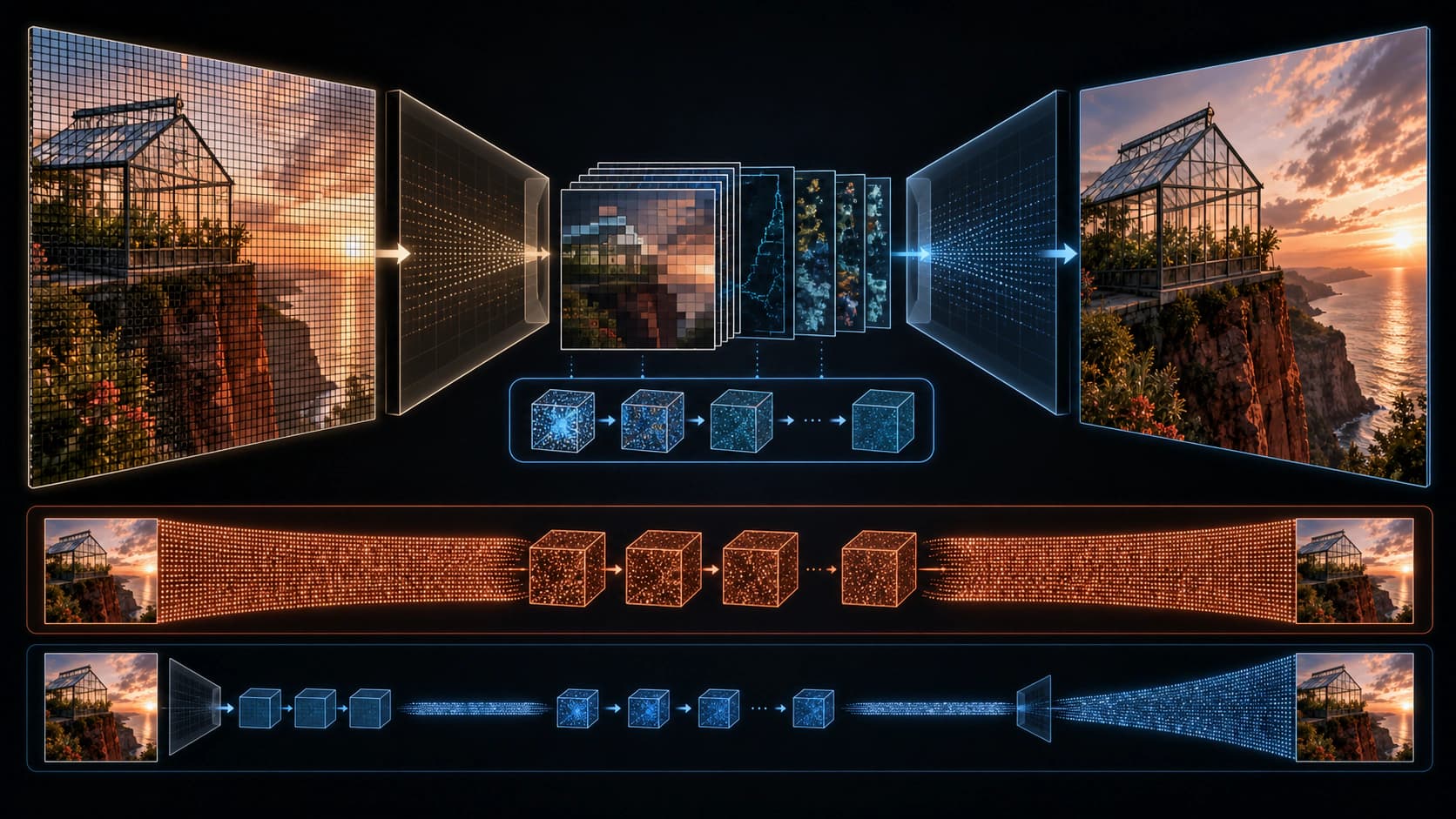 High-resolution greenhouse pixels compressed into small structured feature maps, processed in latent space, and decoded back to a detailed image