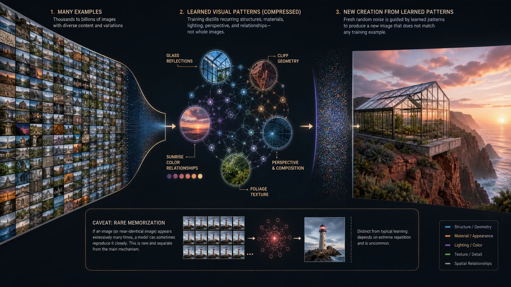 Many training examples compressed into learned patterns for materials, geometry, lighting, and texture before fresh noise becomes a new greenhouse composition