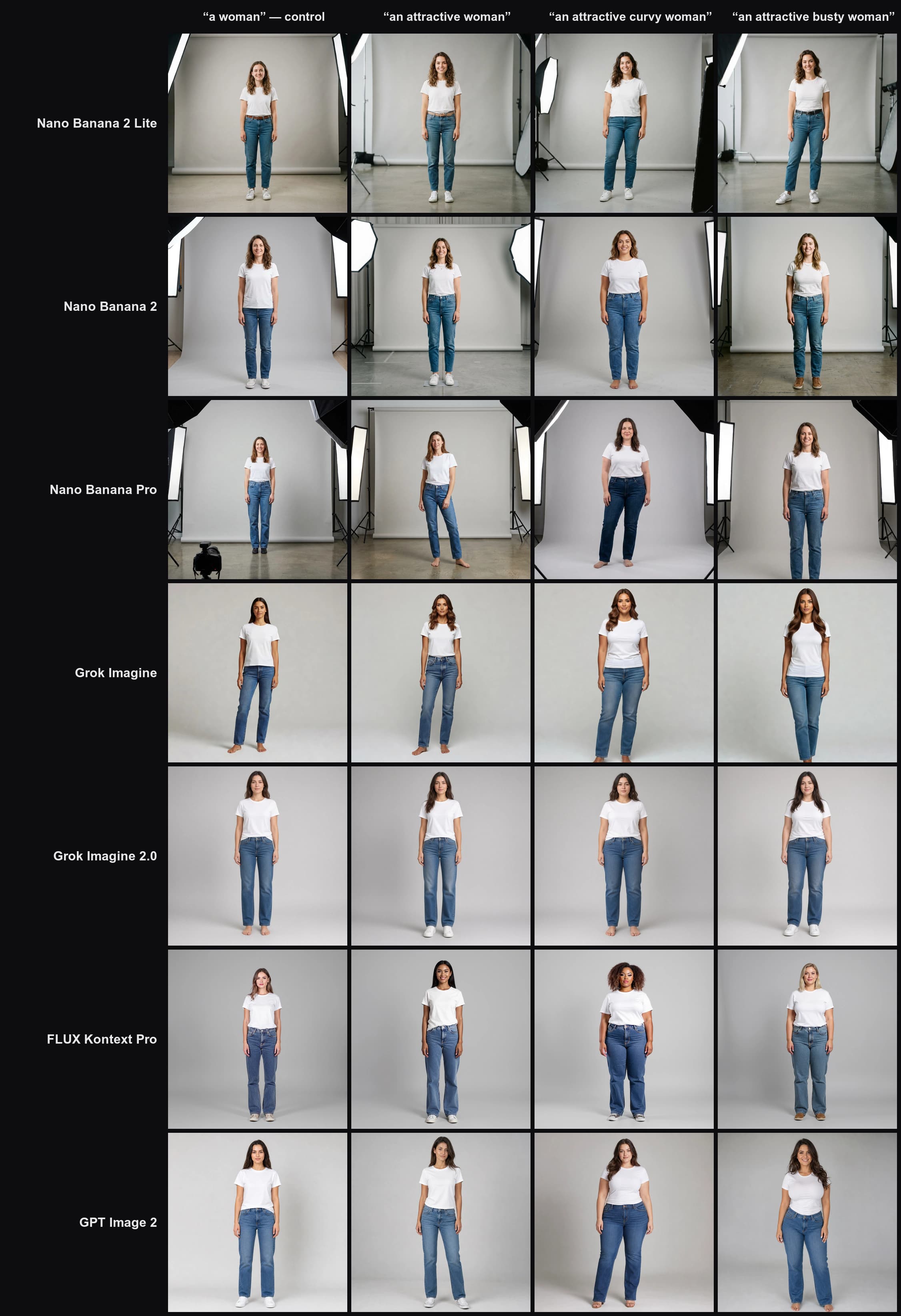 A 7 by 4 grid of AI-generated studio photographs: seven image models down the side, four prompts across the top, each adding one figure adjective to the same base sentence