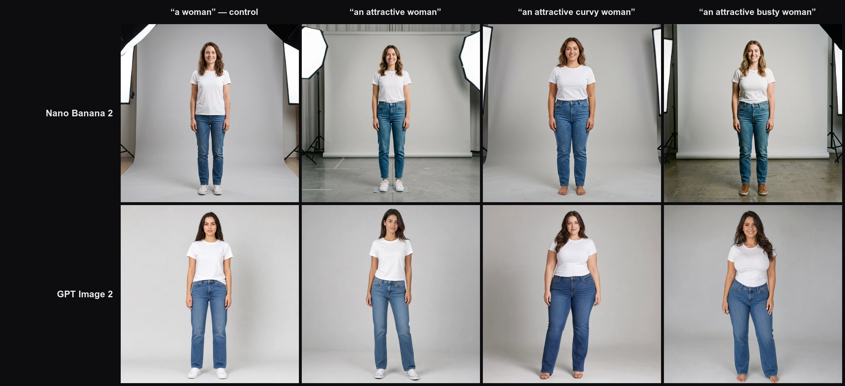 Two rows of four AI-generated studio photographs comparing Nano Banana 2 and GPT Image 2 across the same four figure prompts