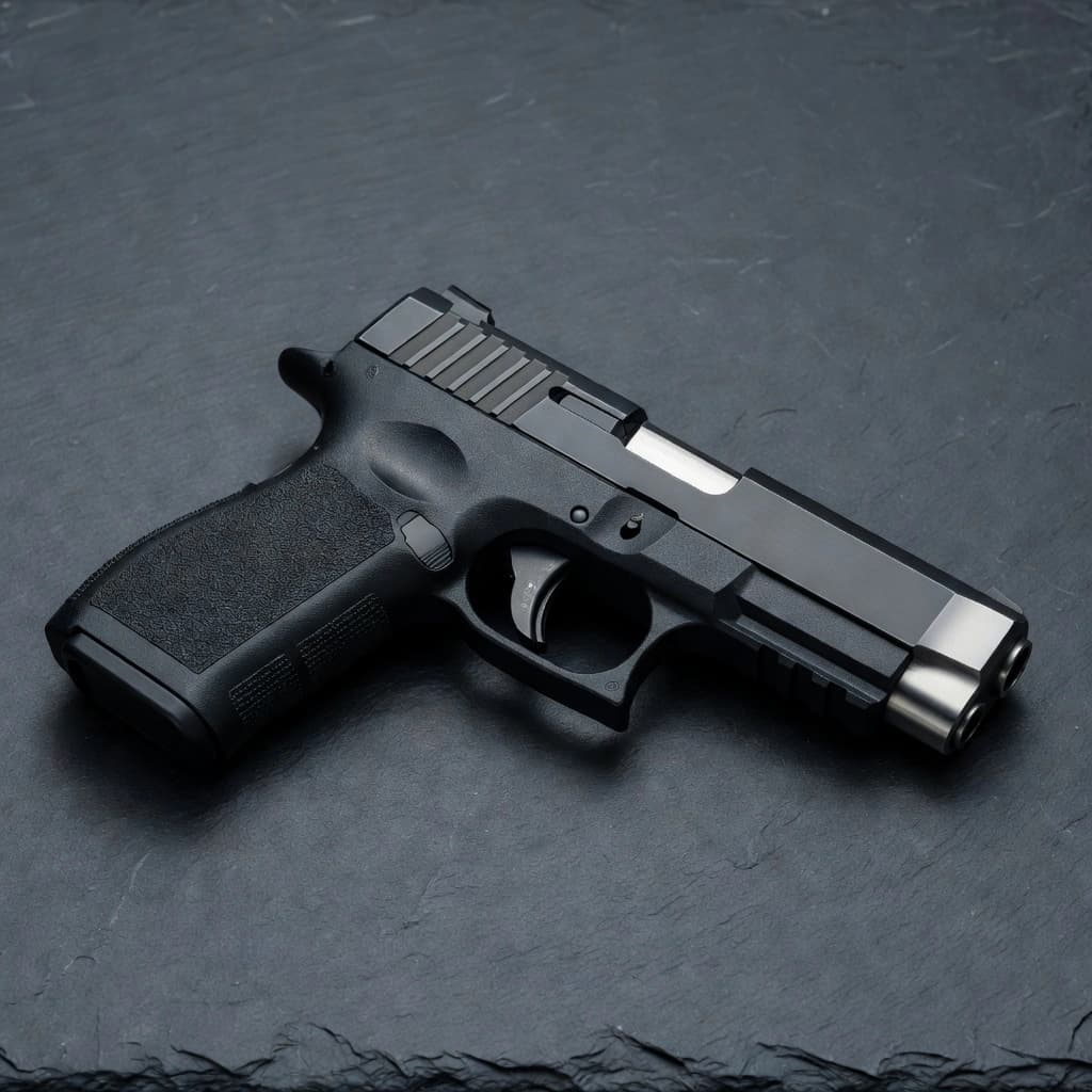 AI-generated studio photograph of a pistol with two bores at the muzzle