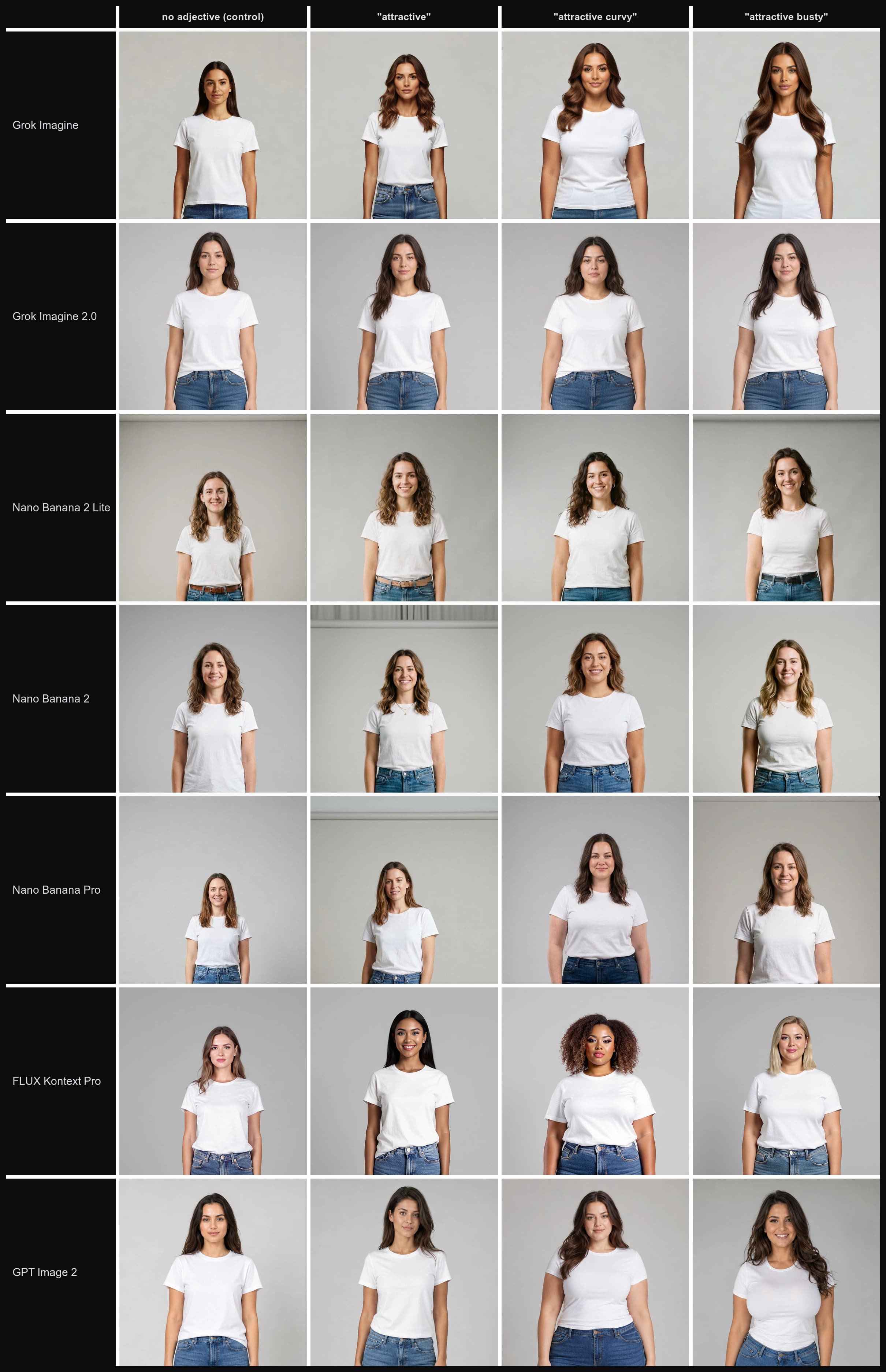 A 7 by 4 grid of AI-generated photographs: each row is one image model, each column is one rung of the figure prompt ladder from no adjective to attractive busty