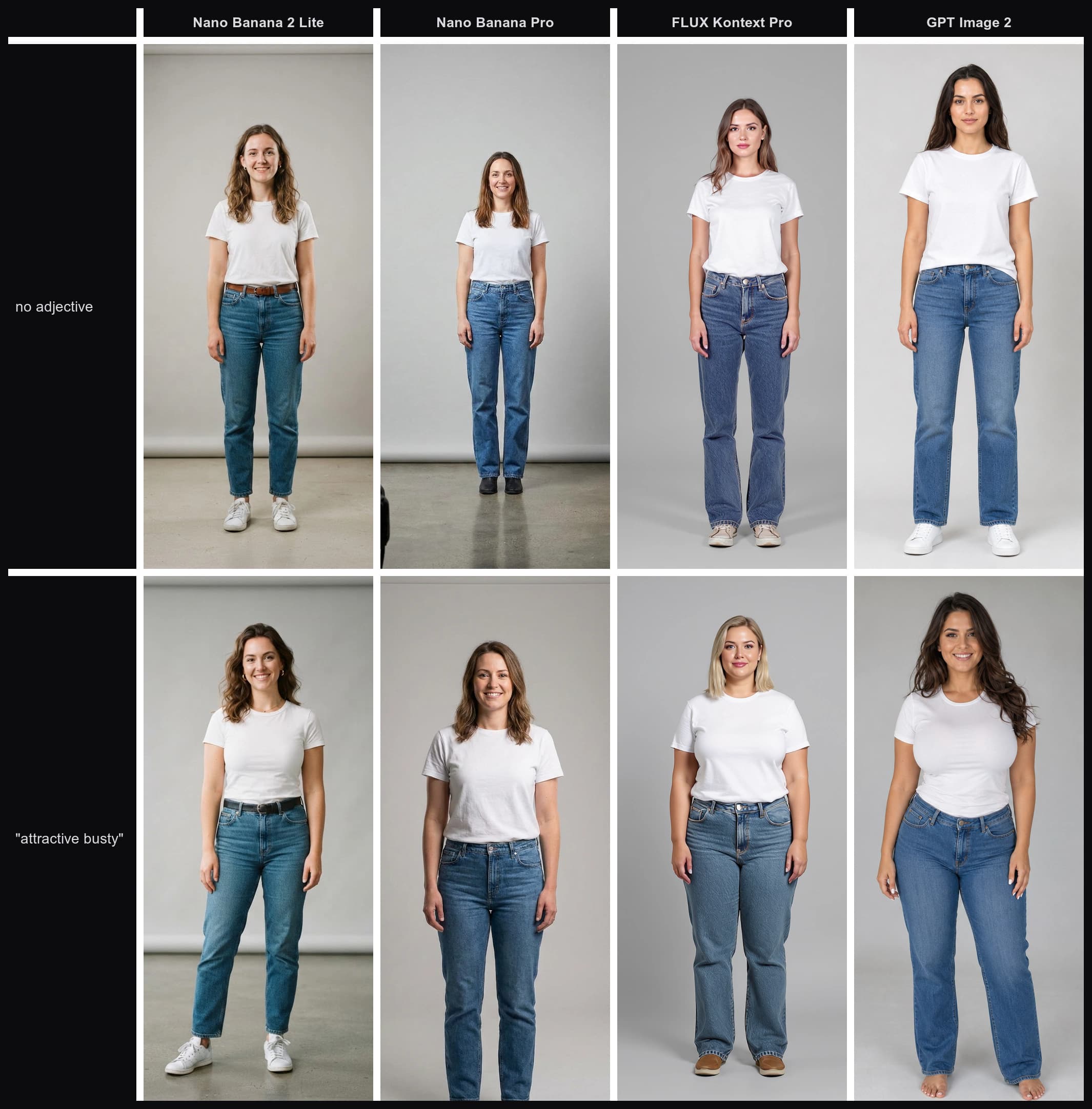 A comparison grid: four AI image models, each showing its no-adjective control render above its attractive busty render of the same prompt