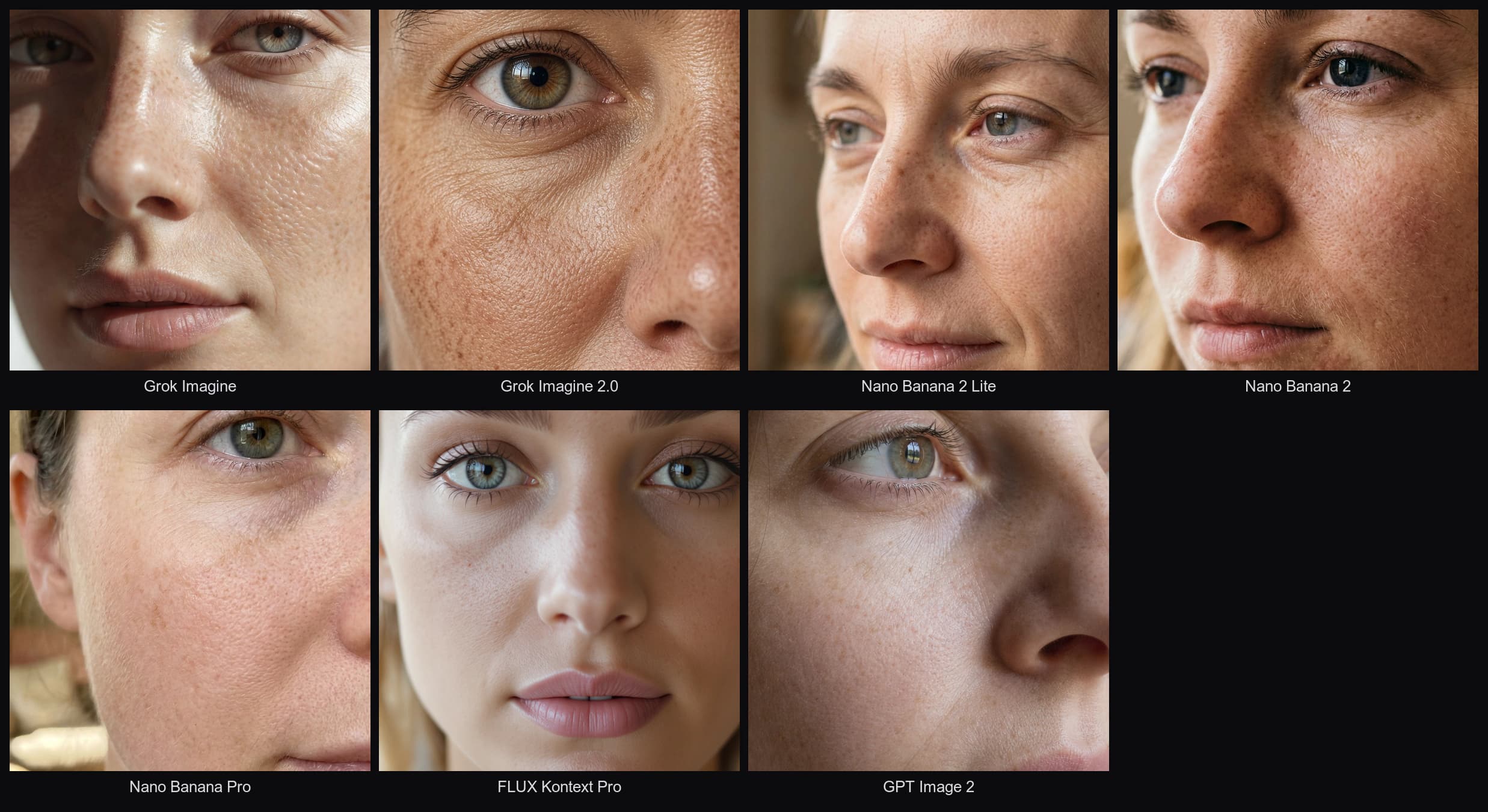 Seven image models rendering the same close-up skin-texture prompt side by side