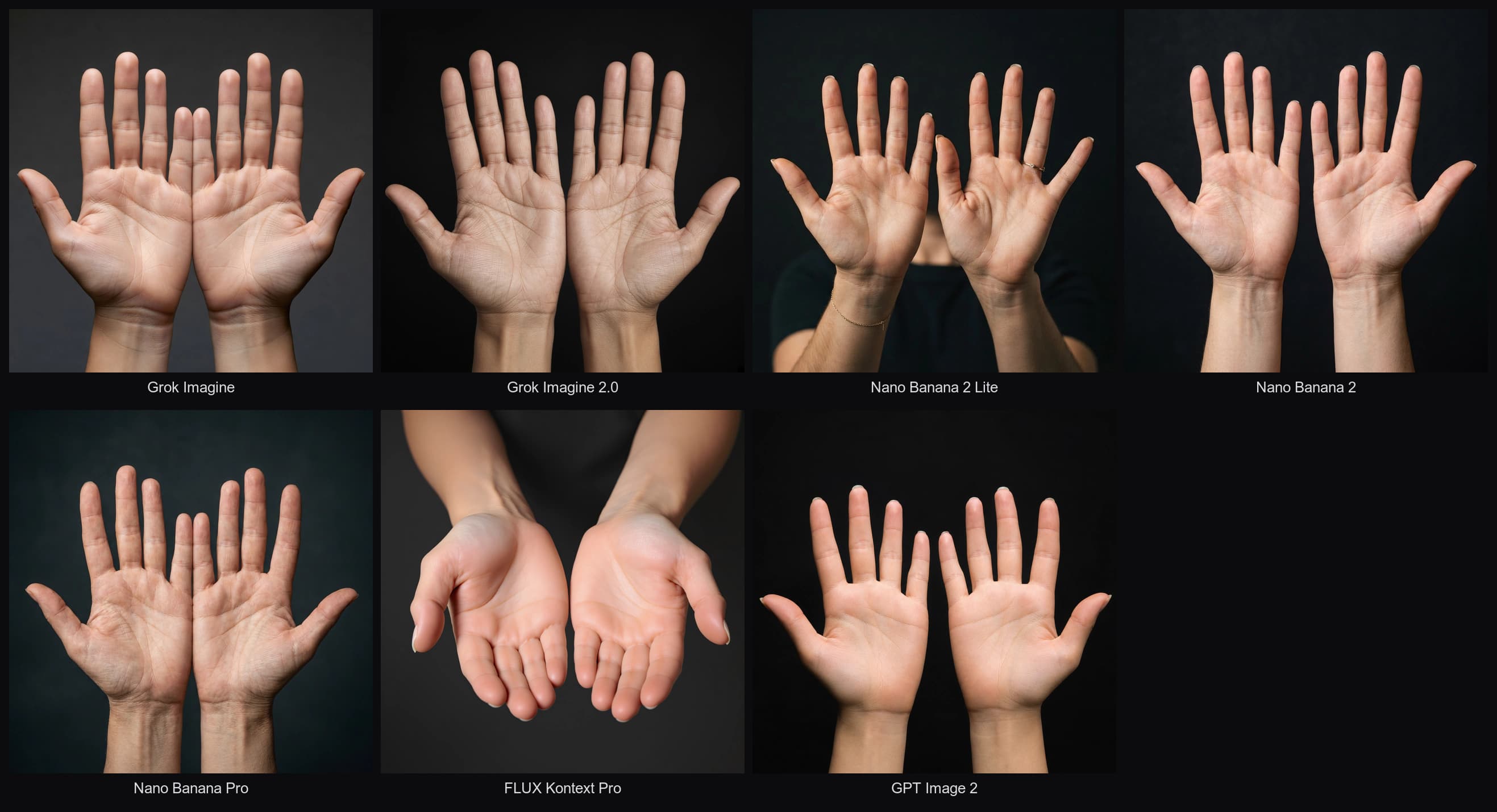 Seven AI-generated photographs of two open hands with fingers spread, one per image model, for counting fingers
