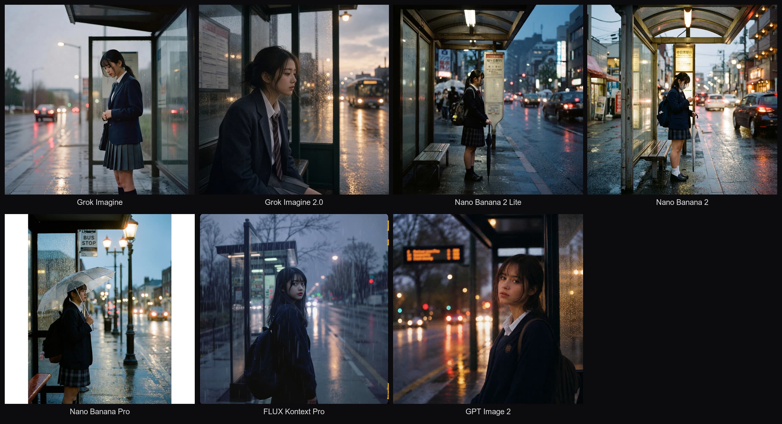 Seven AI-generated film-style photographs of a schoolgirl at a rainy bus stop at dusk, one per image model, all depicting an East Asian subject