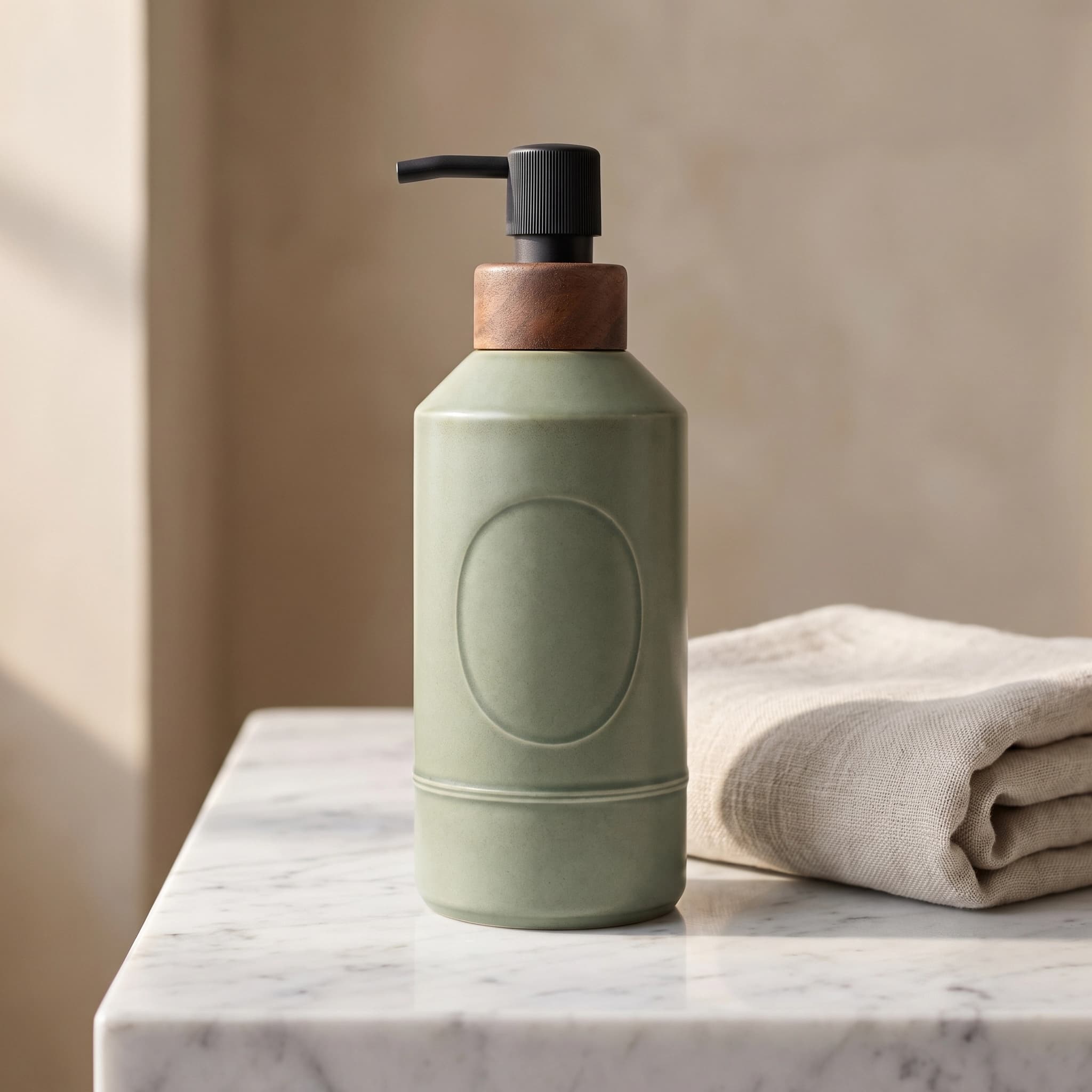 The same sage-green ceramic pump bottle standing on a white marble bathroom vanity beside a folded oatmeal linen towel in soft morning light