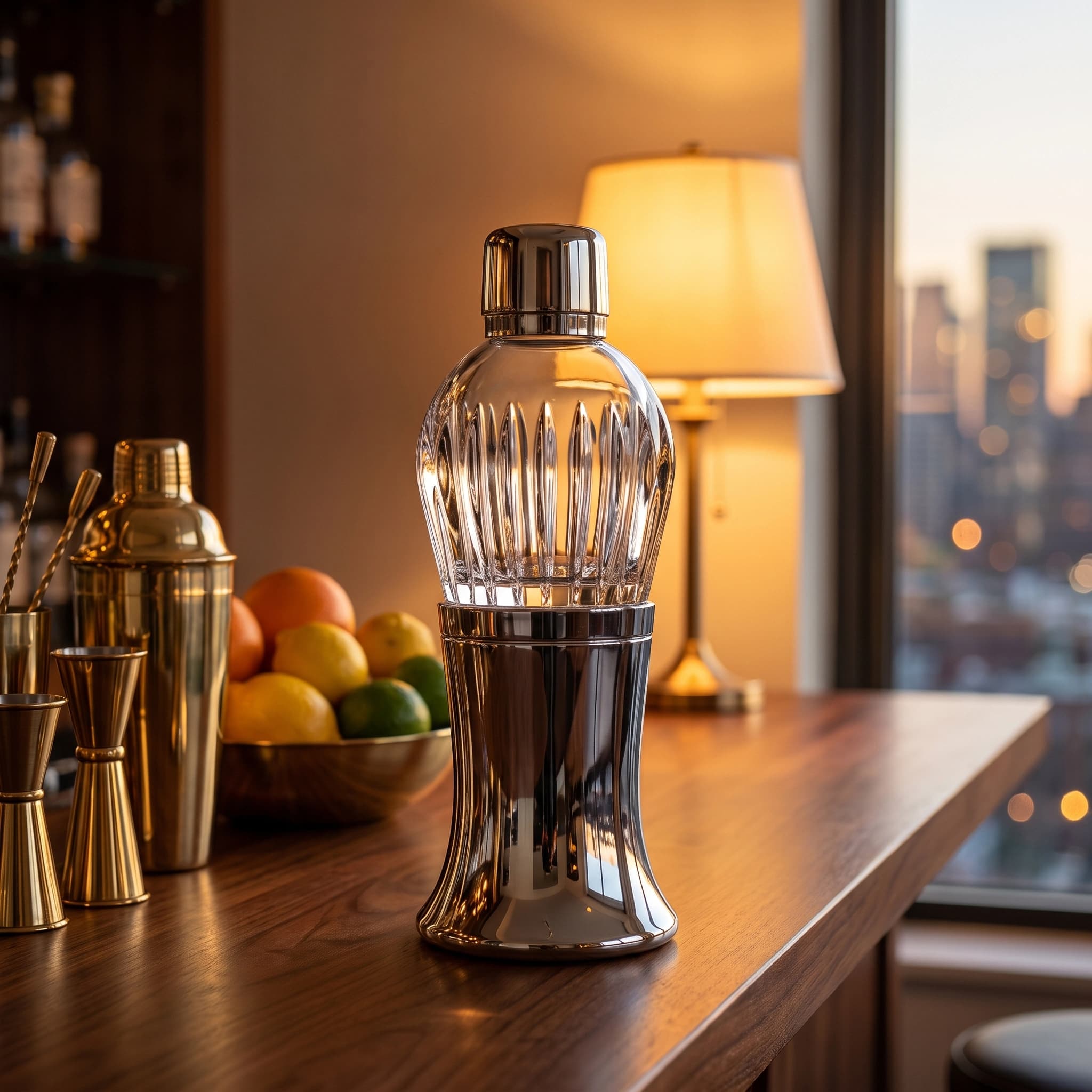 Generated scene of a polished chrome and cut-glass cocktail shaker on a walnut bar counter, with a bowl of citrus and brass bar tools to the left and a lamp and city window behind