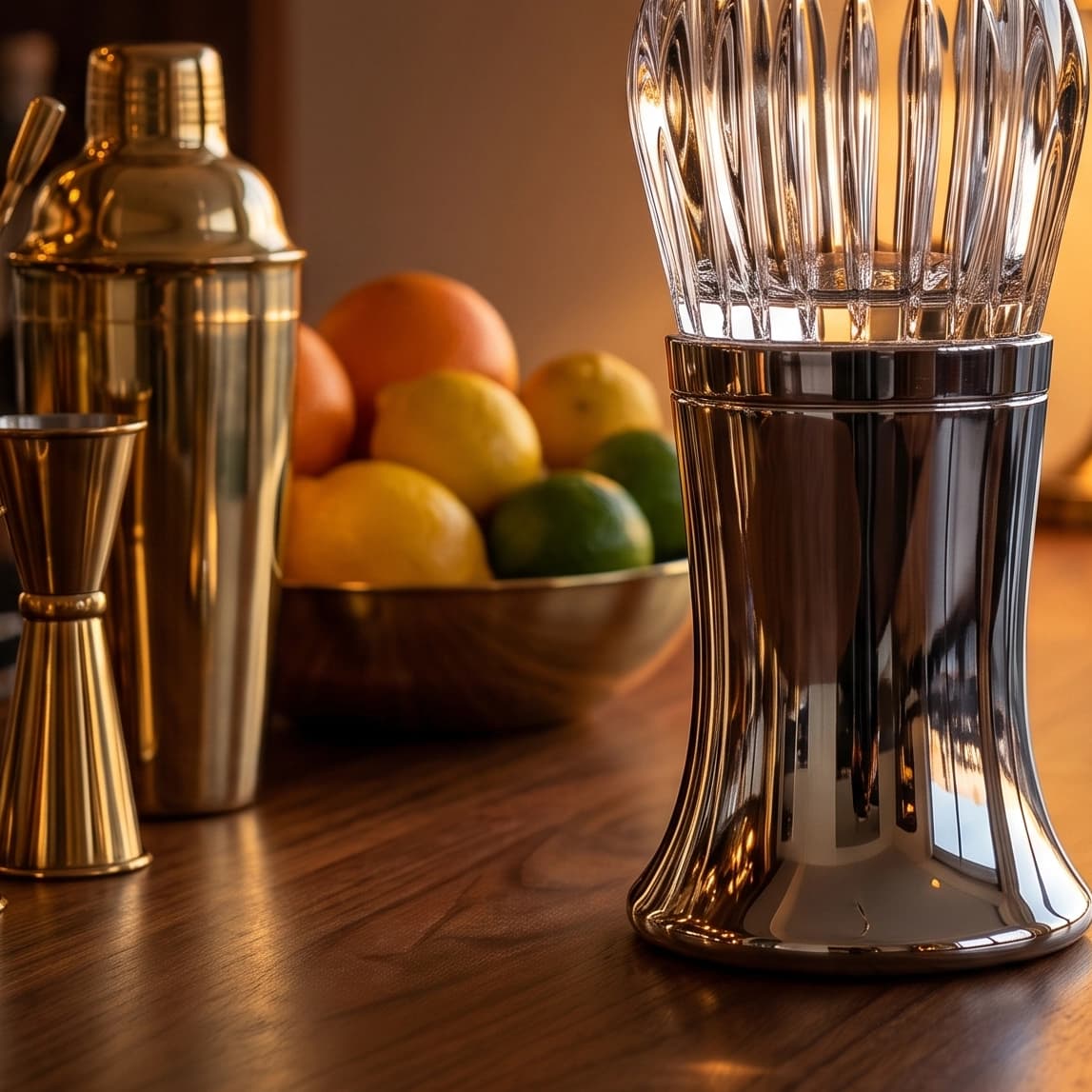Full-resolution crop of the same generated shaker showing the mirror-polished base rendering smeared vertical bands instead of a reflection of the fruit bowl and brass tools standing next to it