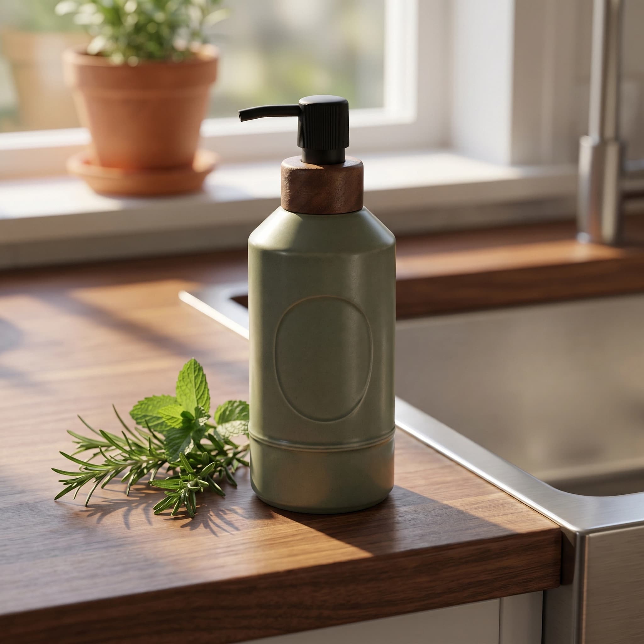 The sage-green ceramic pump bottle on a walnut kitchen counter beside a sprig of rosemary and mint, with late afternoon sun and a potted herb on the windowsill behind