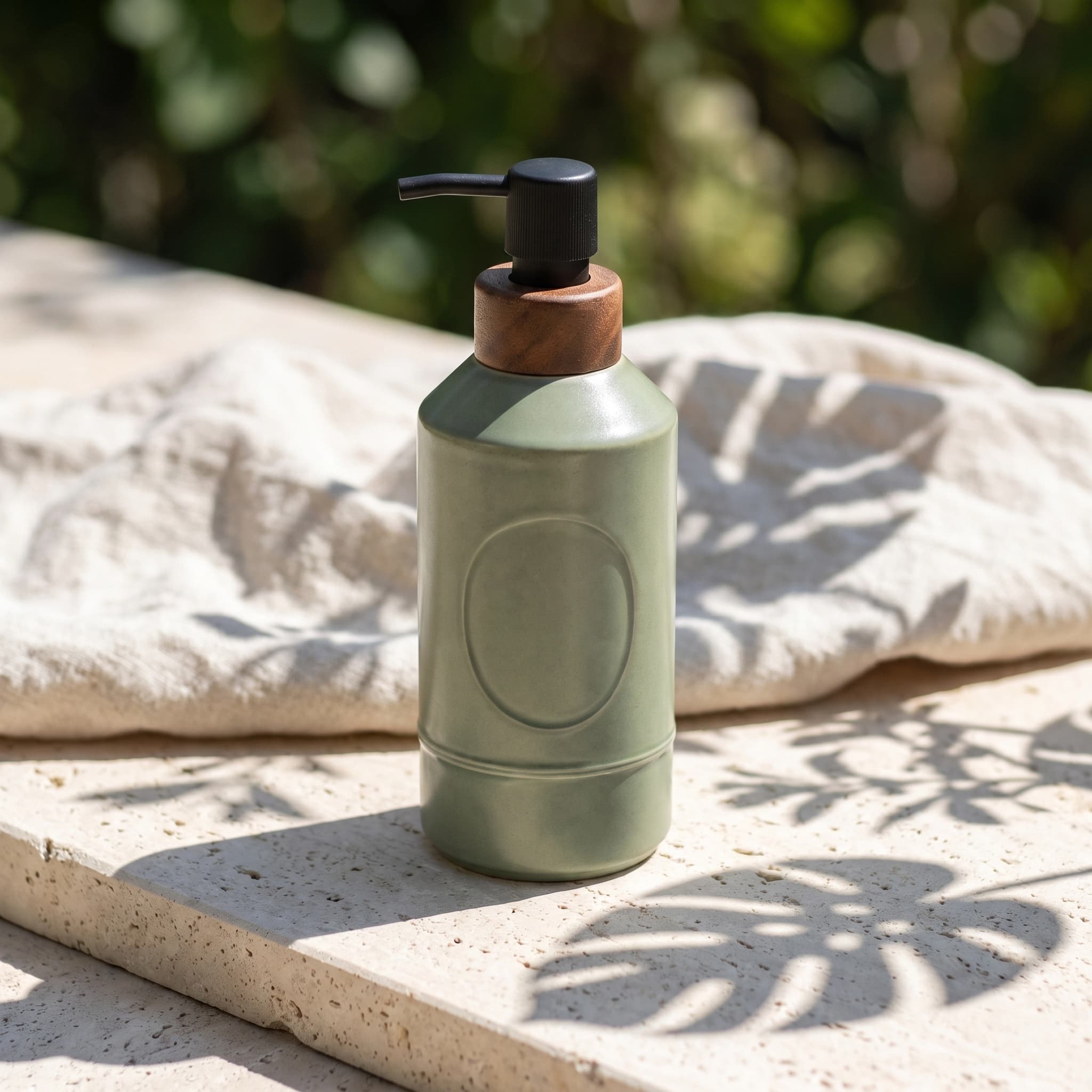 The same bottle on a pale travertine ledge outdoors, with monstera leaf shadows falling across the stone and a bunched cream linen cloth behind it