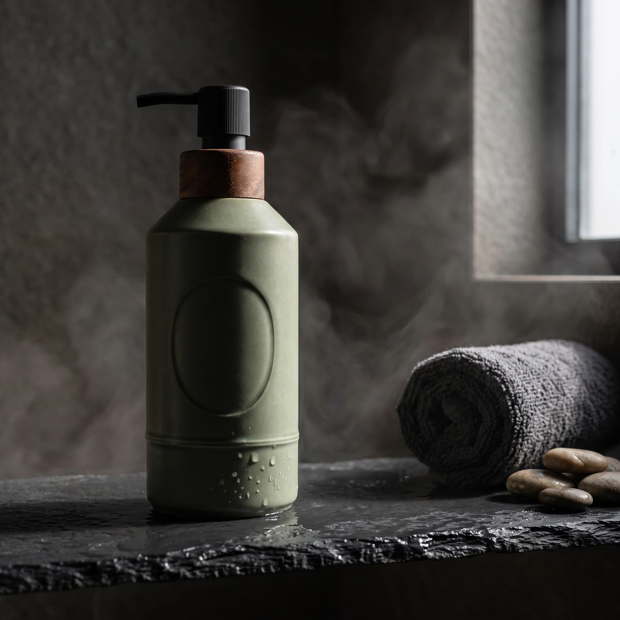The same bottle on a wet dark slate shelf in a steamy spa bathroom, lit from a narrow window on the right, with a rolled charcoal towel and river pebbles