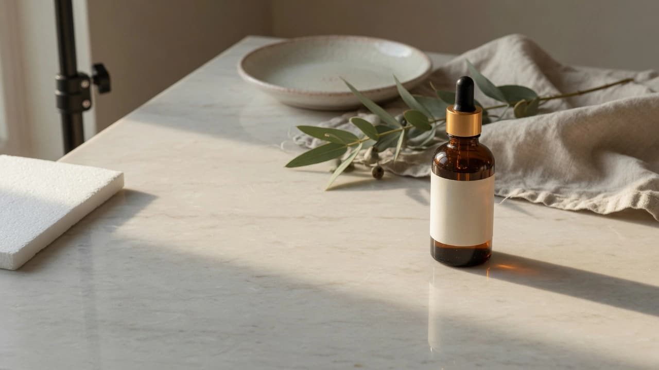 An amber glass dropper bottle with a blank label on a sunlit marble counter, styled with linen and eucalyptus, with a bounce card and light stand visible at the edge of the frame.