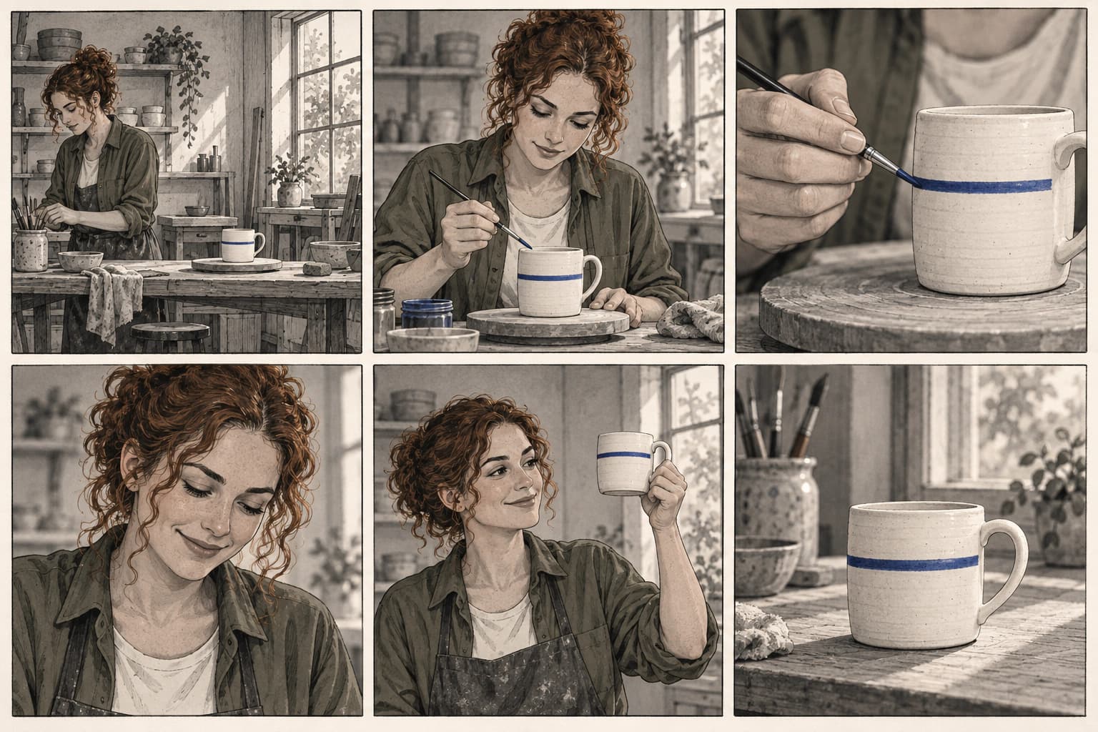 Six illustrated storyboard frames following a ceramicist from her workbench to a completed blue-striped mug.