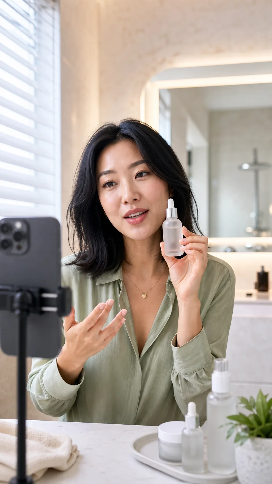 Fictional AI influencer presenting a skincare bottle to a phone camera