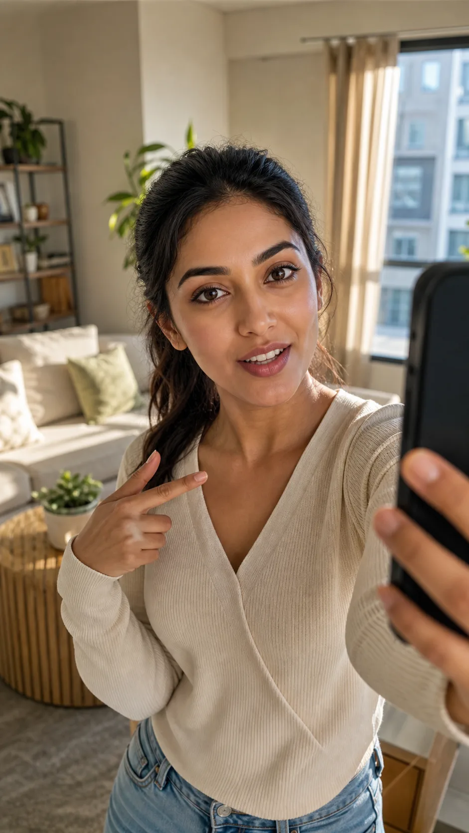 Fictional AI influencer filming a talking-head selfie in a sunlit apartment
