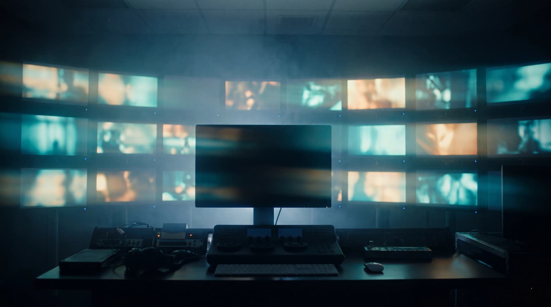 A darkened editing suite wall of reference monitors, one screen switched off and dark among a row of live video frames, illustrating one AI video model retiring while the rest keep running.