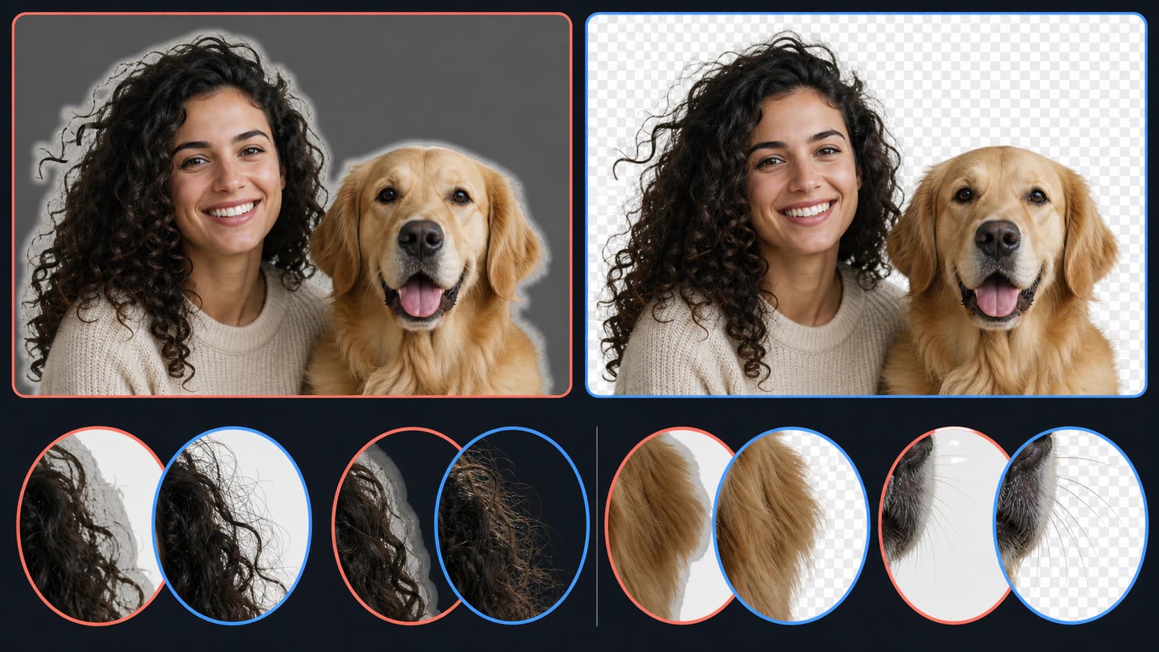 Weak and strong transparent cutouts compared at the edges of curly hair, dog fur, and whiskers
