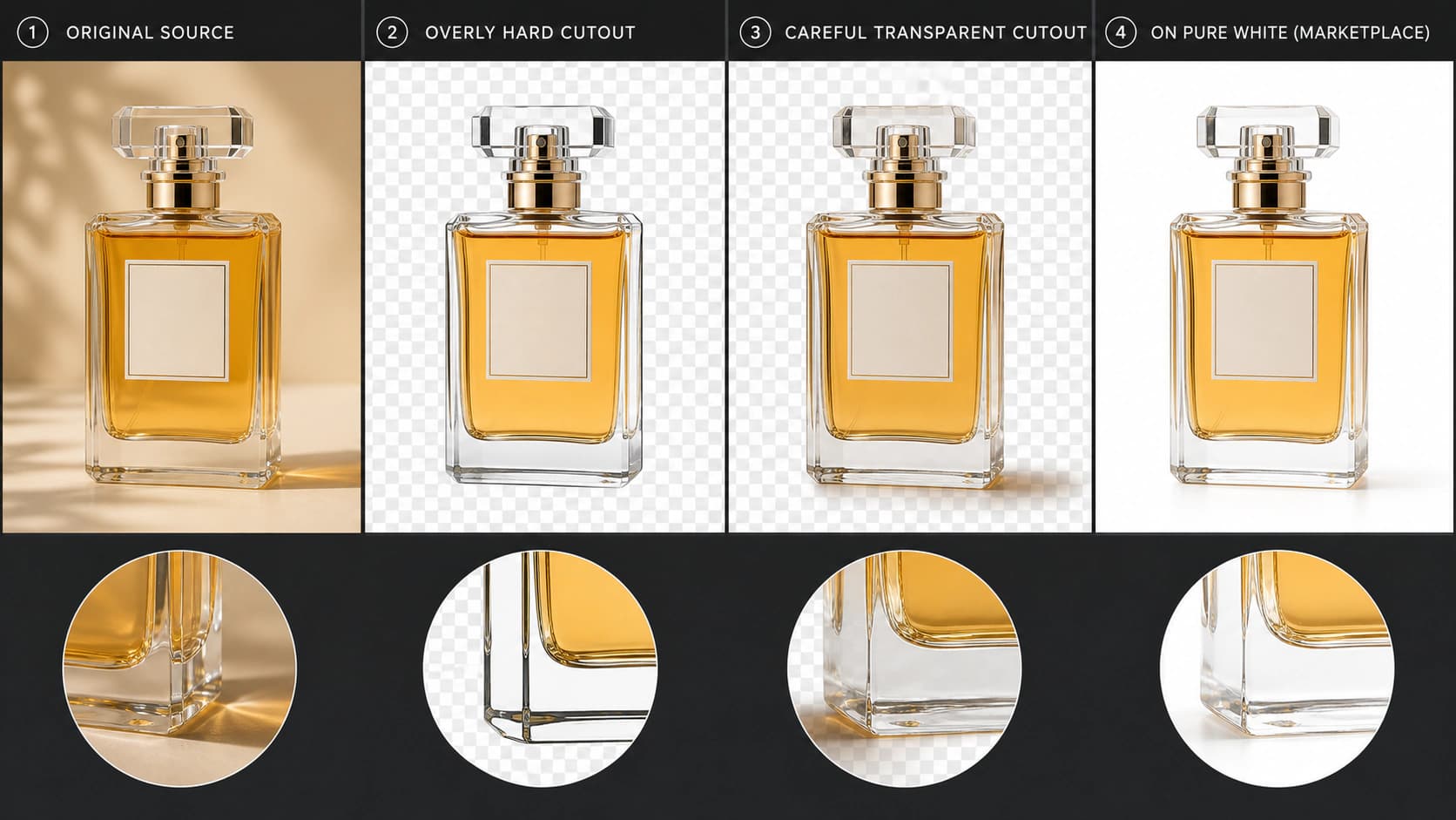 Glass perfume bottle shown as source, hard cutout, careful transparent cutout, and pure-white marketplace image