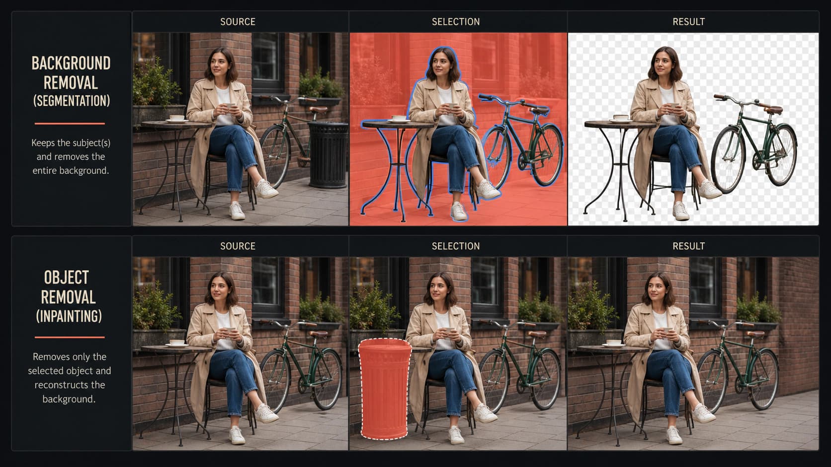 Background removal keeps a woman and bicycle as a transparent cutout while object removal deletes only a trash can and reconstructs the street