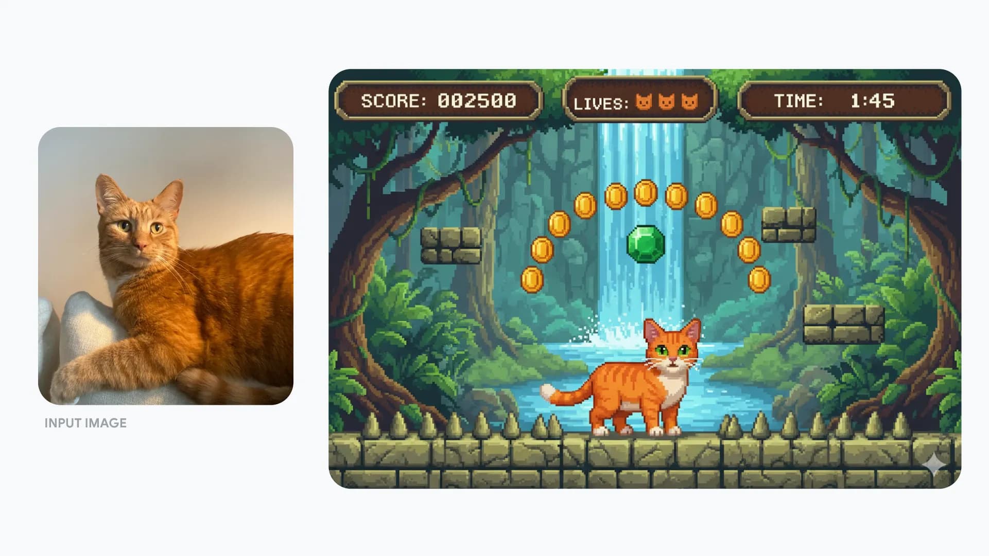 Before-and-after Gemini edit turning an orange cat photo into a consistent 16-bit video game character