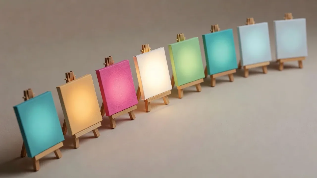 A row of miniature artist easels, each holding a small blank canvas in a different color, gradient from teal through amber, pink, white, and green to blue, on a neutral studio background.