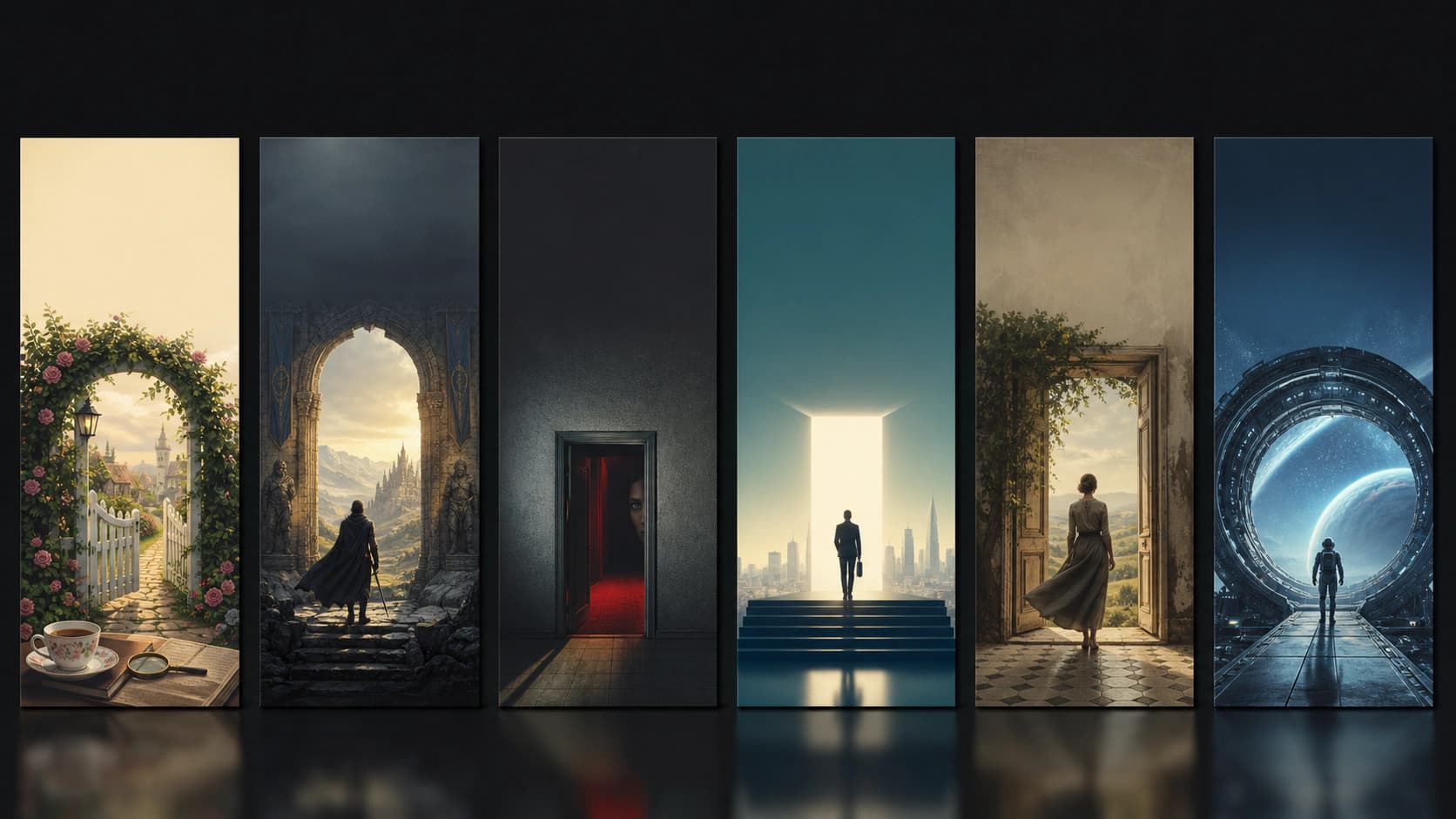 Six original book-cover artworks translating one doorway concept across different genres
