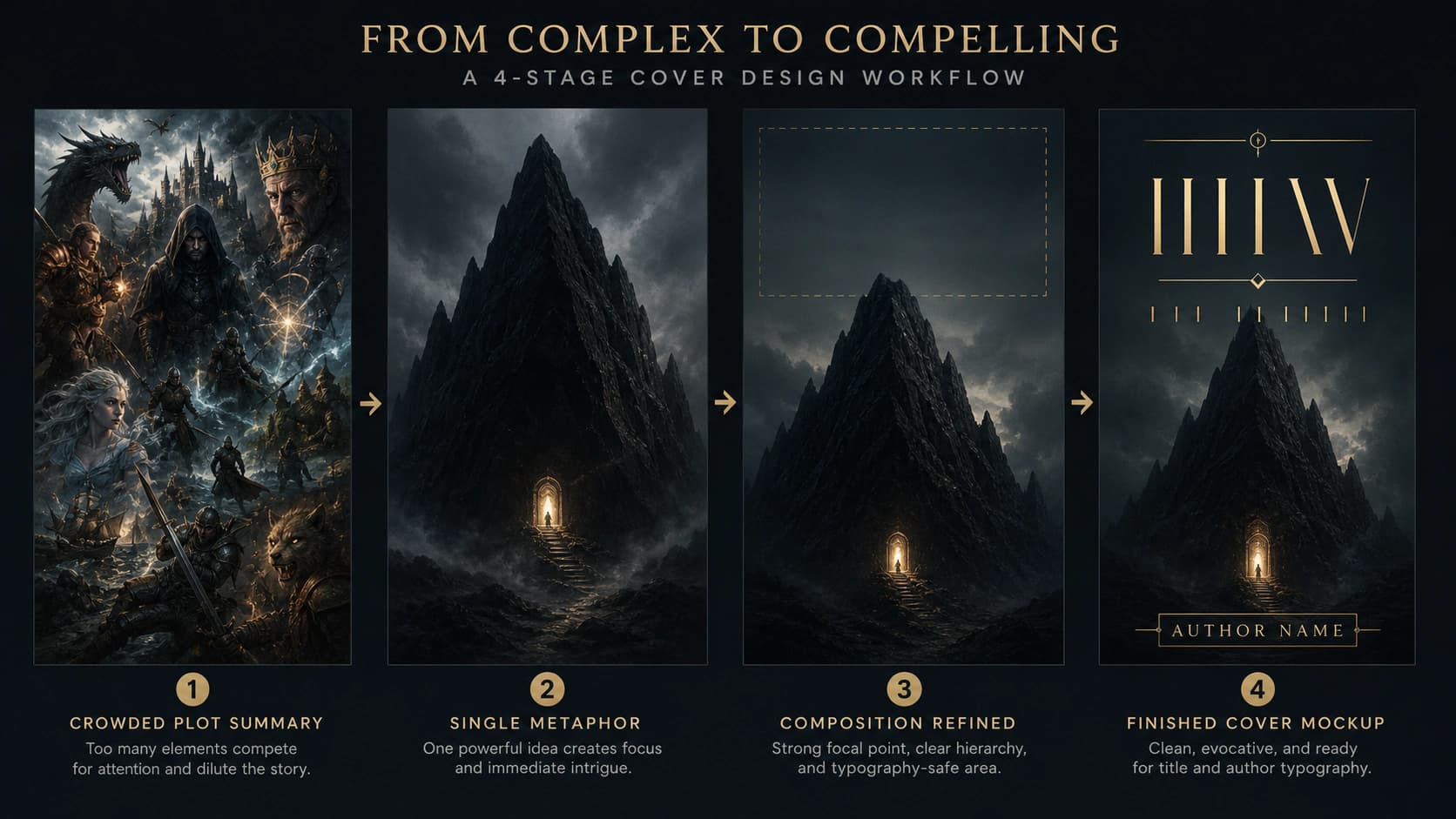 Book-cover workflow simplifying a crowded fantasy collage into one mountain doorway metaphor with typography space