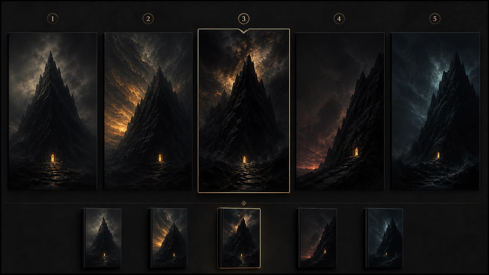 Five dark fantasy cover variations reviewed at full and bookstore-thumbnail sizes