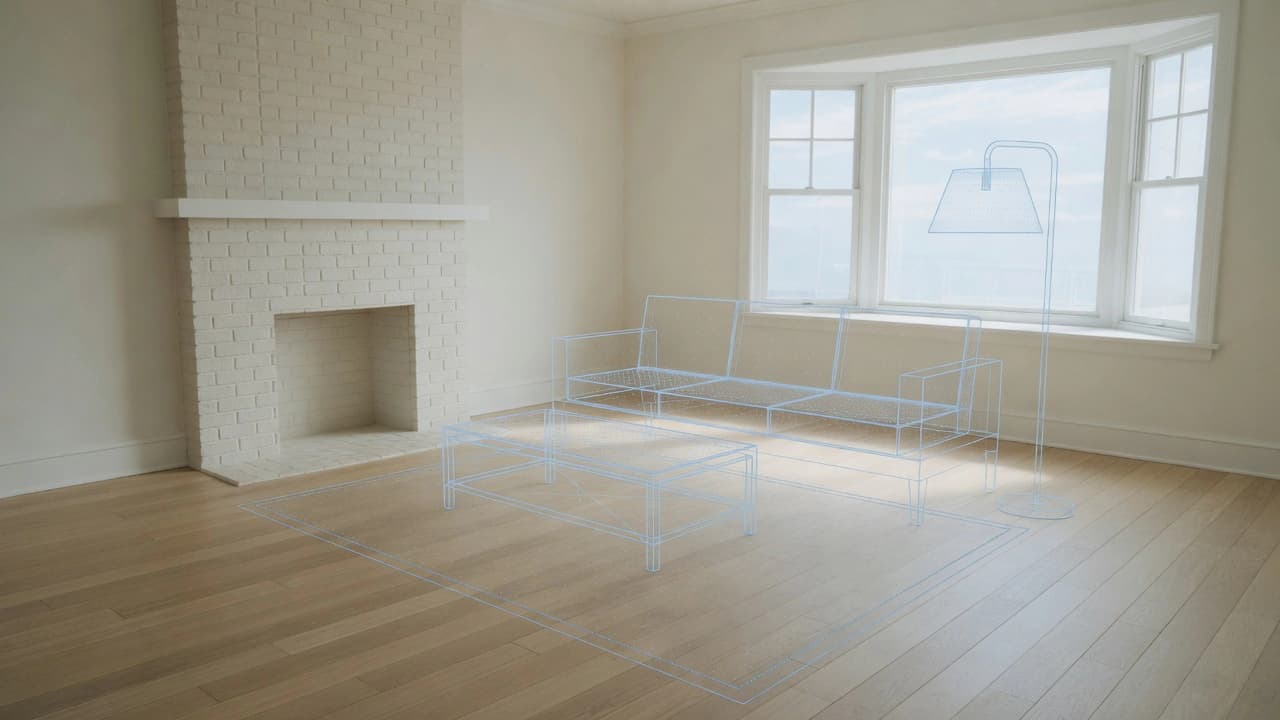 An empty sunlit living room with a brick fireplace and bay window, overlaid with translucent blue wireframe outlines of a sofa, coffee table, rug and floor lamp