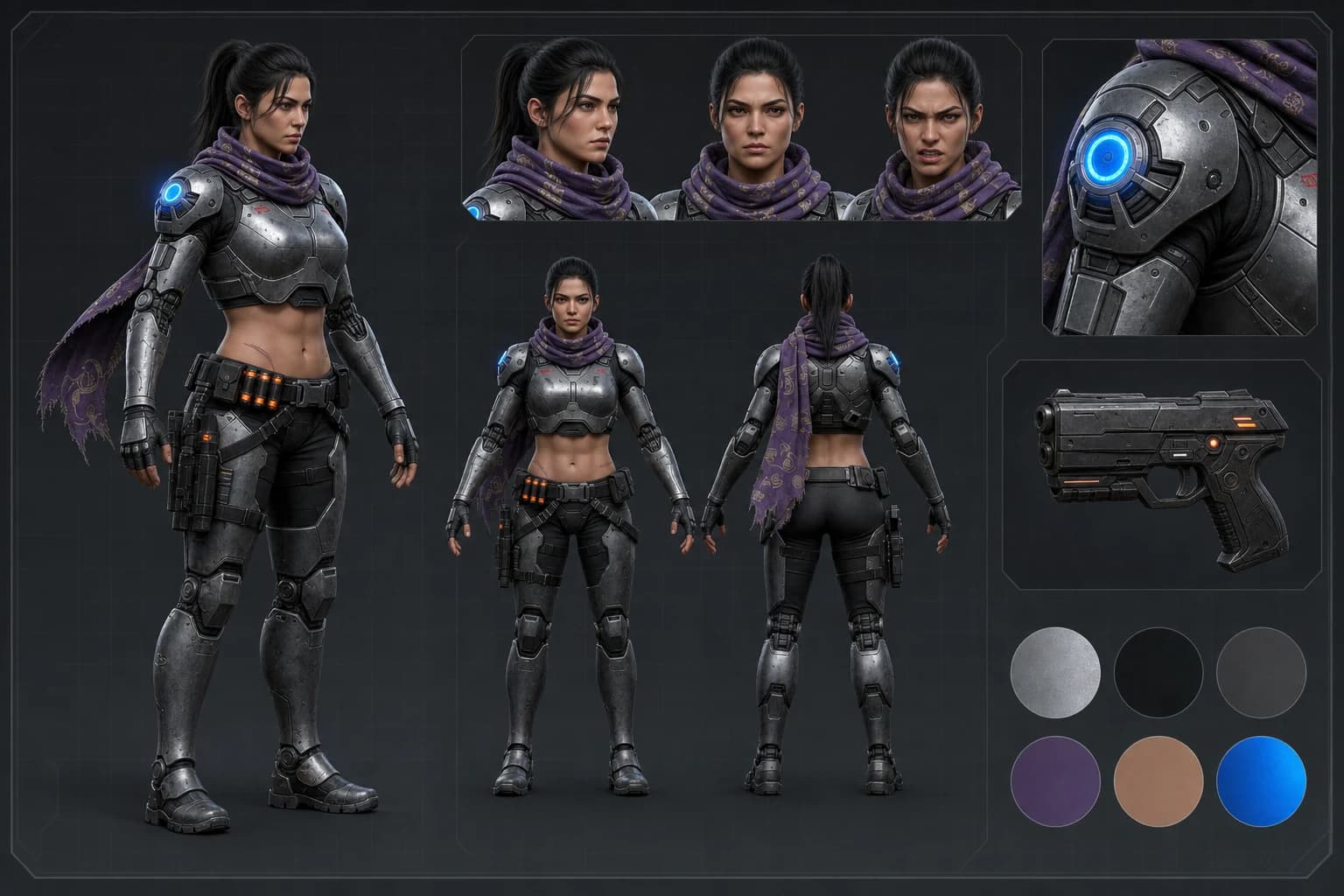 Complete Nyra reference board with master pose, front and back views, expressions, armor detail, weapon, and color palette