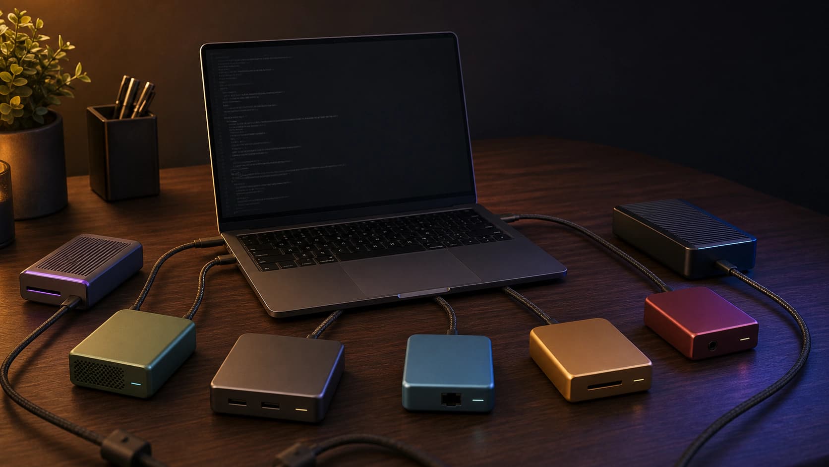 Editorial desk scene with a laptop terminal surrounded by connected tool modules, lit like a workbench