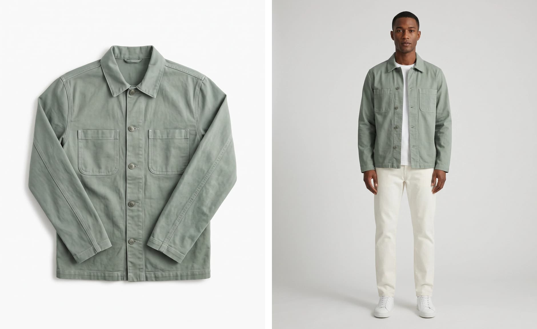 Before and after: an overhead flat lay of a sage-green cotton chore jacket on white, and the same jacket generated onto a standing male model against a light gray studio backdrop